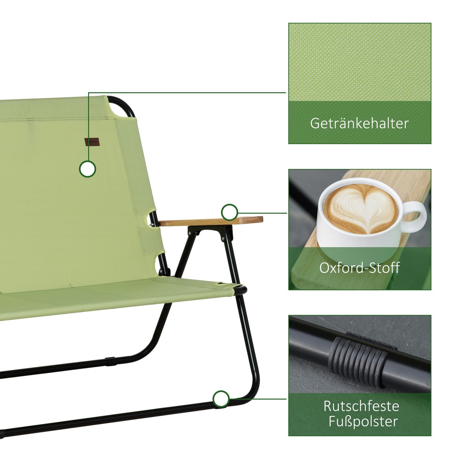 2-sits hopfällbar campingstol med mugghållare, ljusgrön