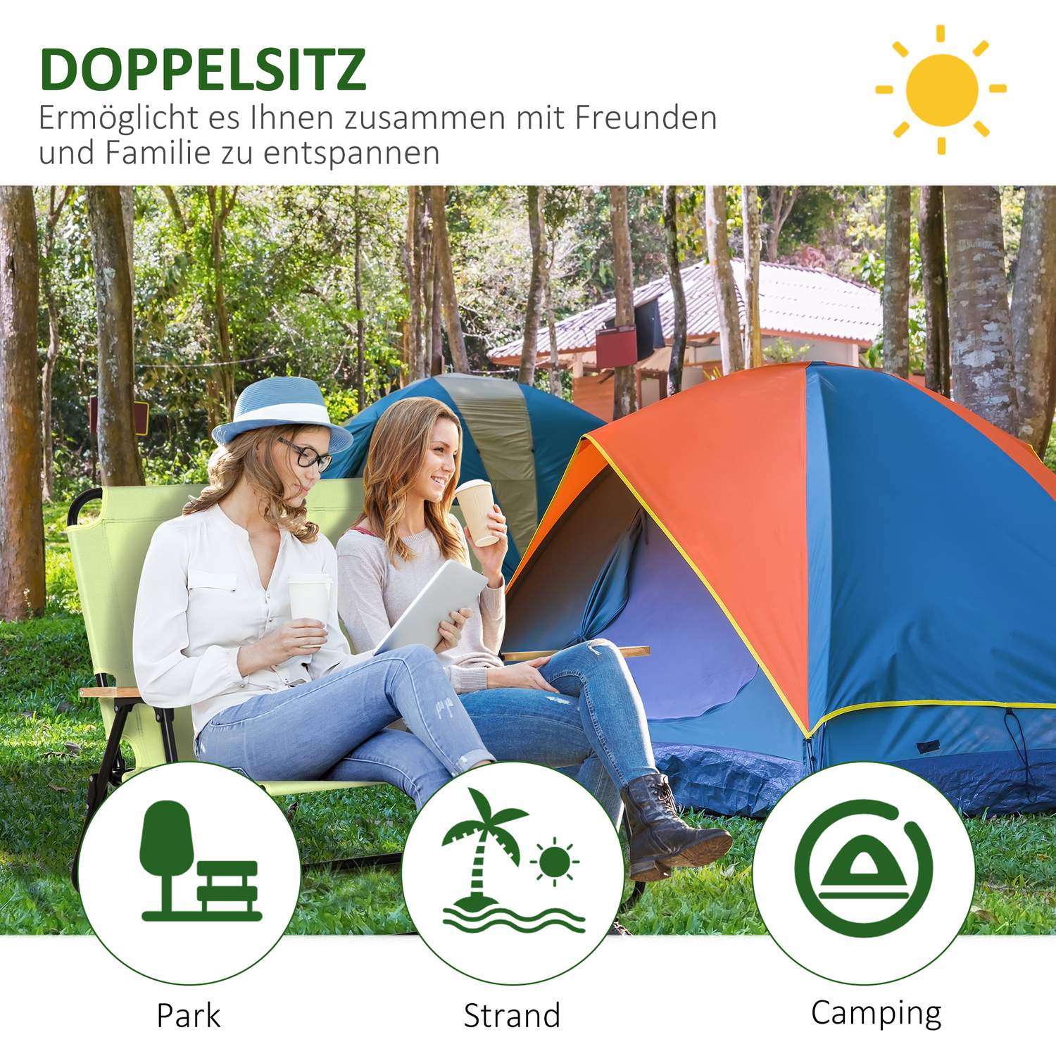 2-sits hopfällbar campingstol med mugghållare, ljusgrön