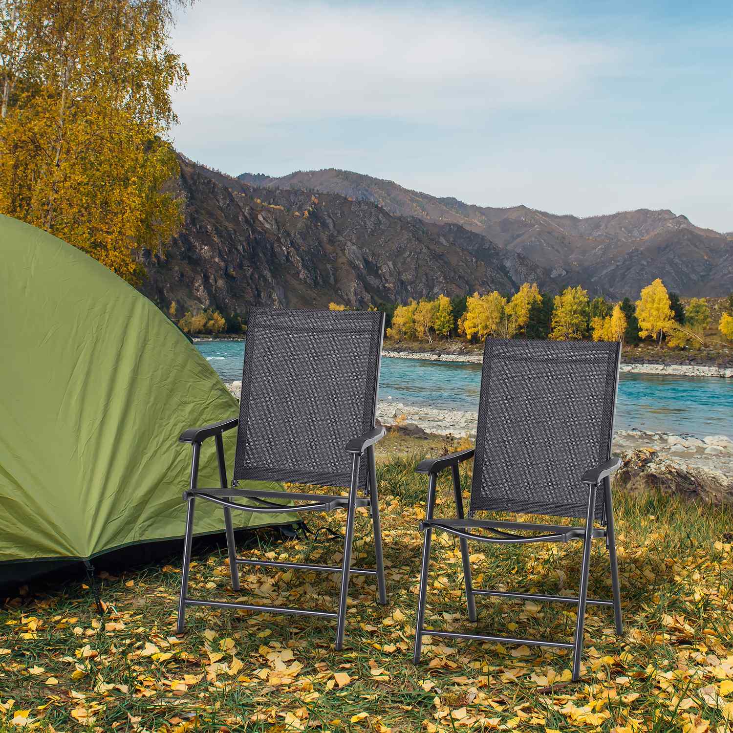 Fällbara campingstolar Set om 2 med armstöd, svart metall