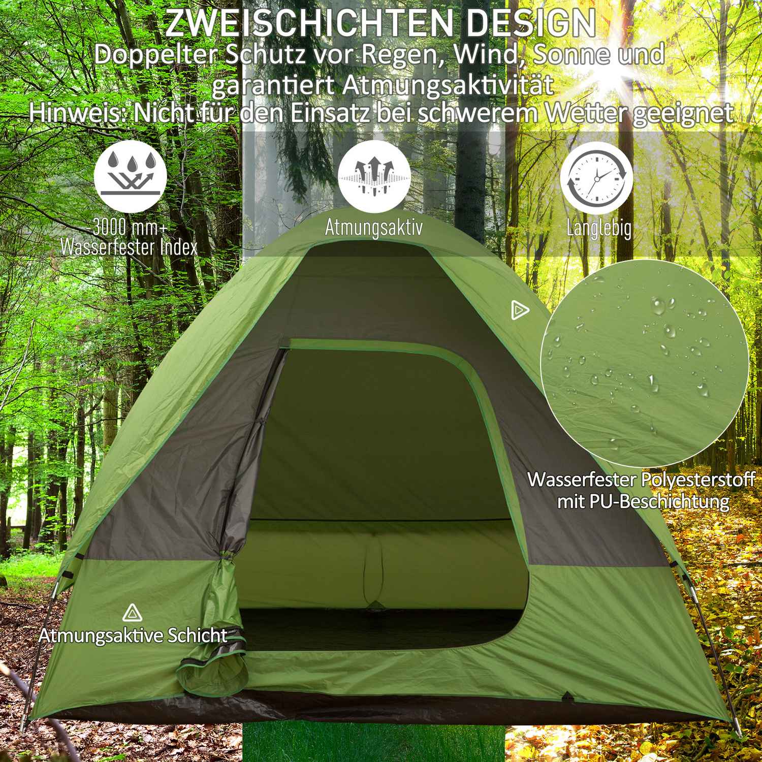 Campingtält för 4-5 personer, glasfiberpolyester, grönt