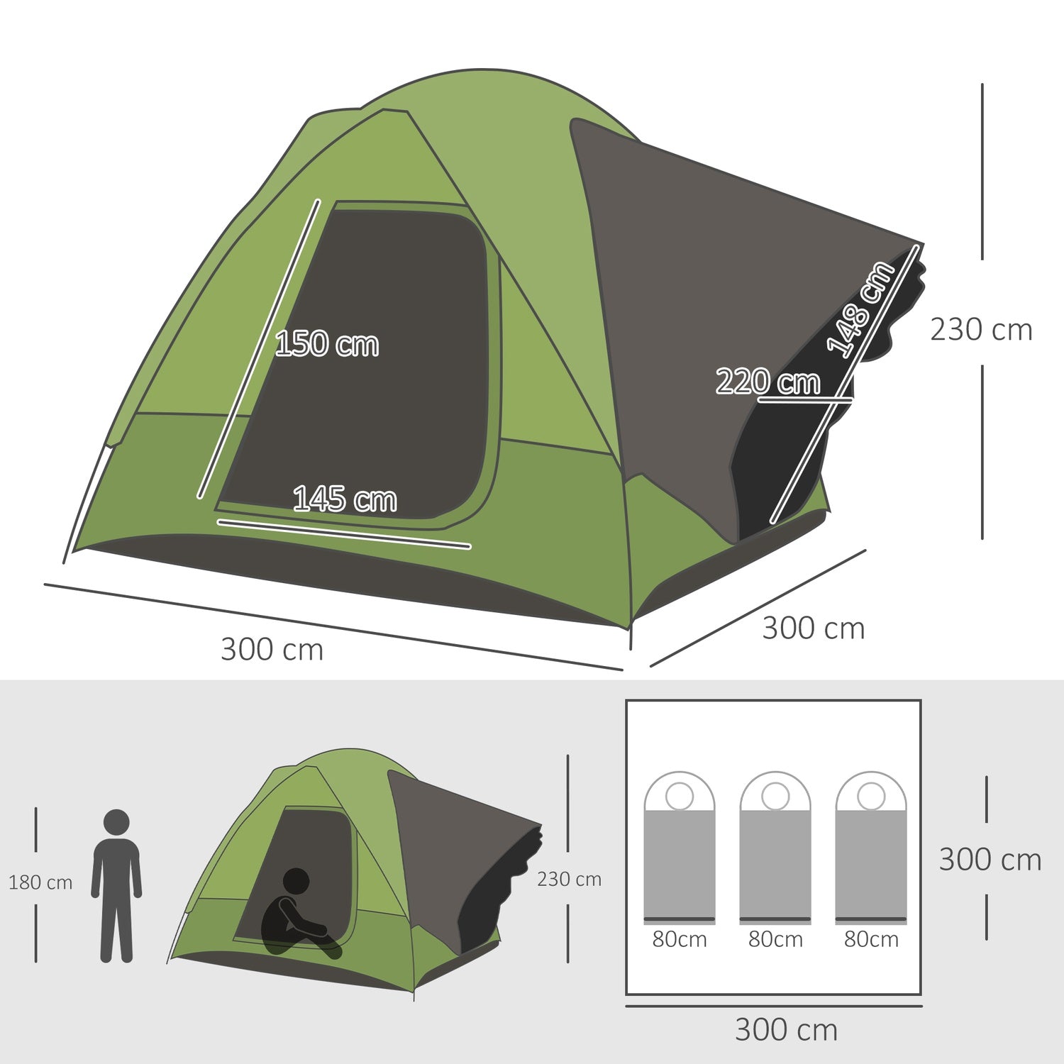 Campingtält för 4-5 personer, glasfiberpolyester, grönt