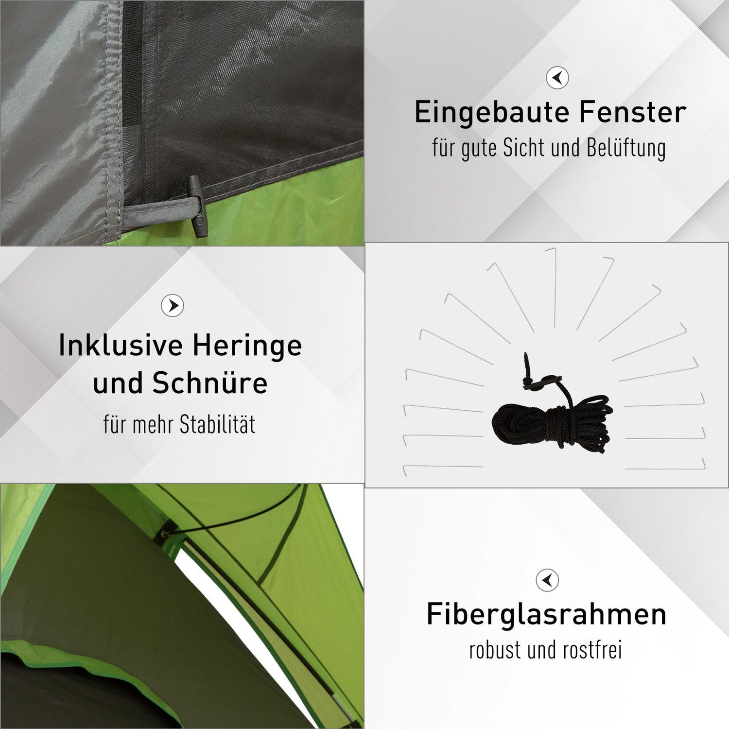 Campingtält för 4-5 personer, glasfiberpolyester, grönt