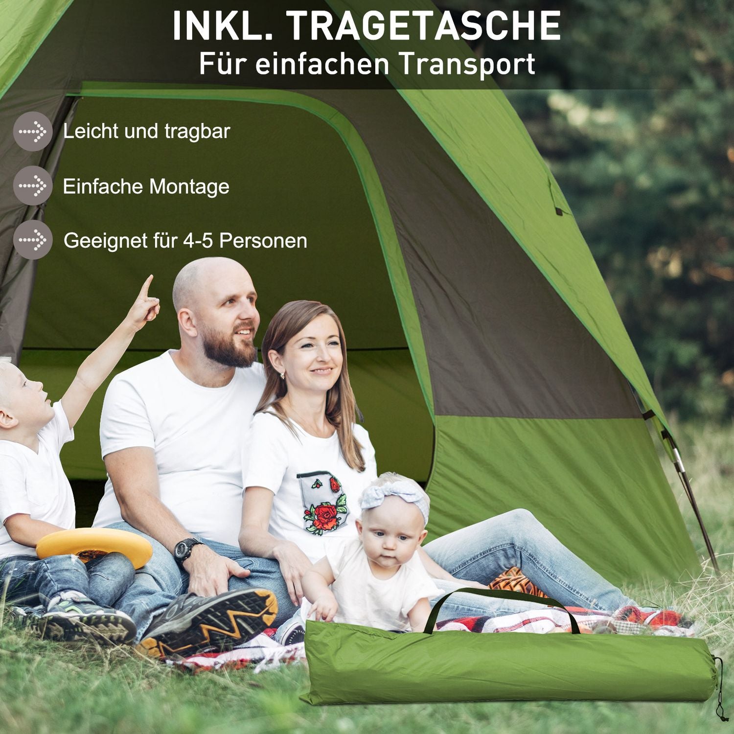 Campingtält för 4-5 personer, glasfiberpolyester, grönt