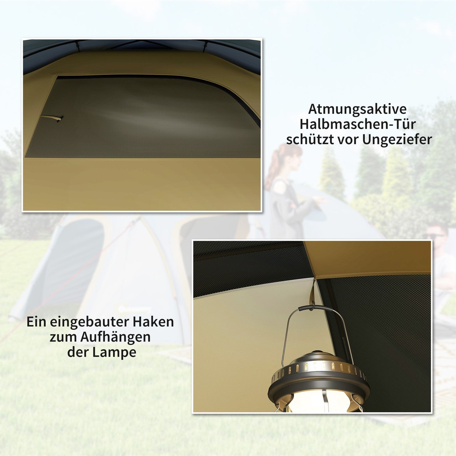 Campingtält för 4 personer, vattentätt tunneltält med 2 dörrar och krokar, packpåse, 3,45 x 2,4 x 1,3 m, ljusblått