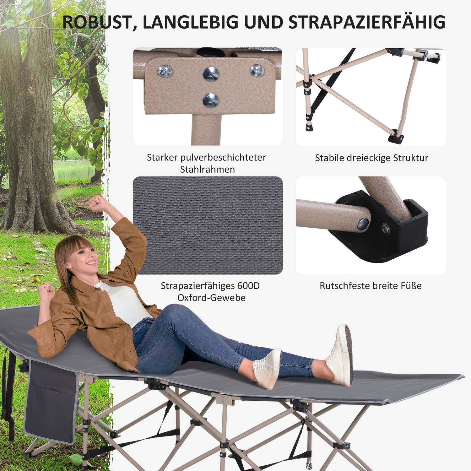 Hopfällbar campingsäng i stål med bärväska, Grå, 190x68x52 cm