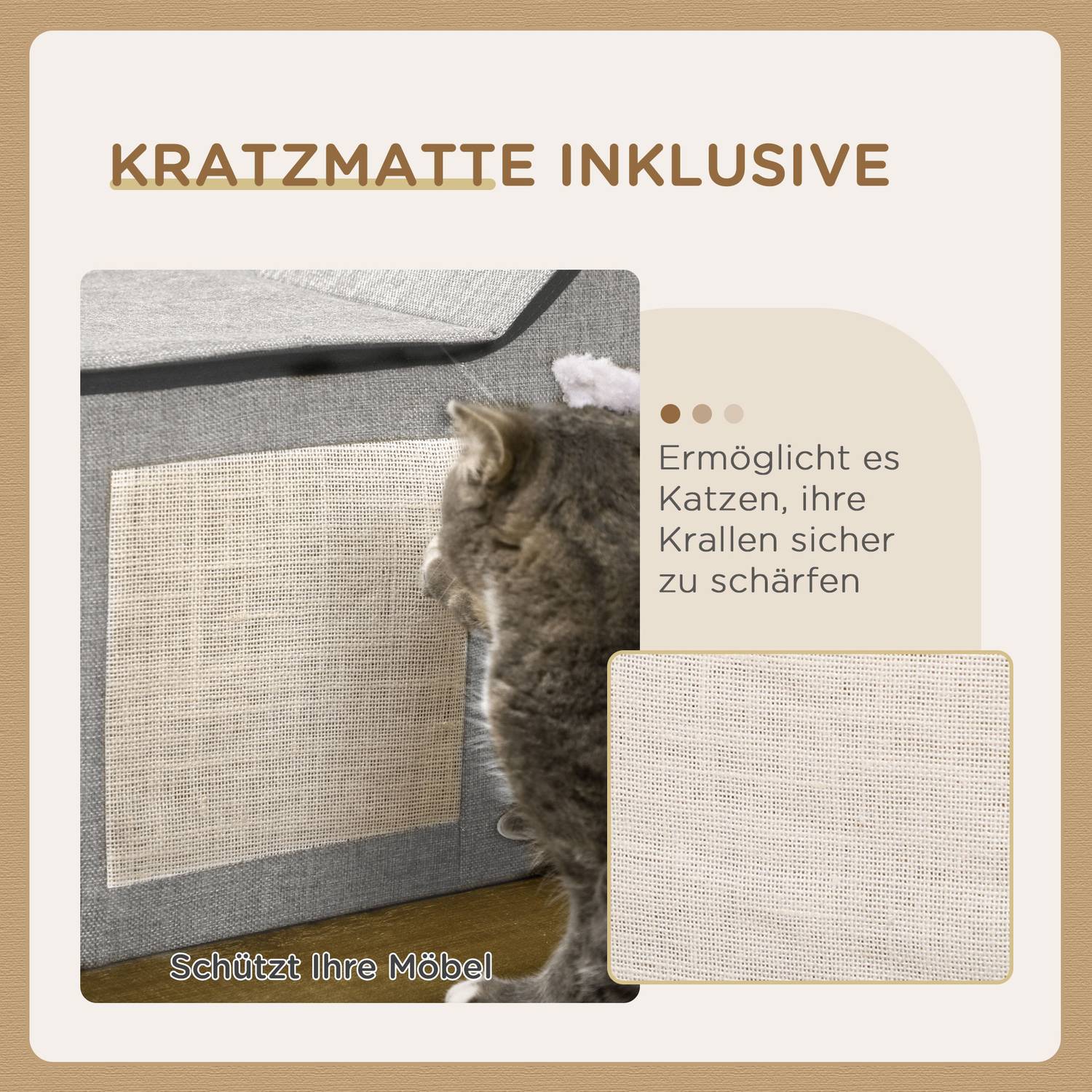 Kattgrotta med skrapyta, dörrar och vadderad dyna