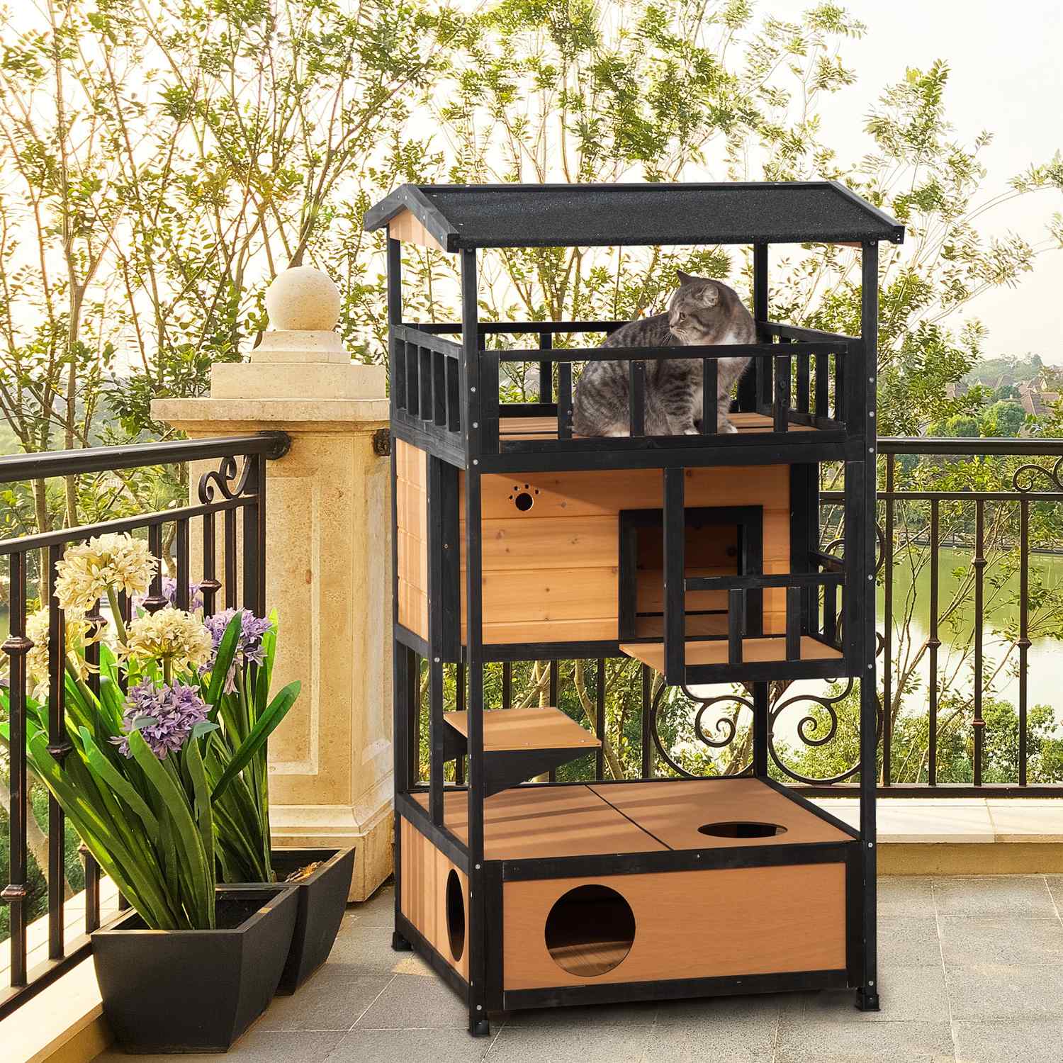 Utomhus Vintertät Gran Wood Cat House – 4 nivåer & trappor