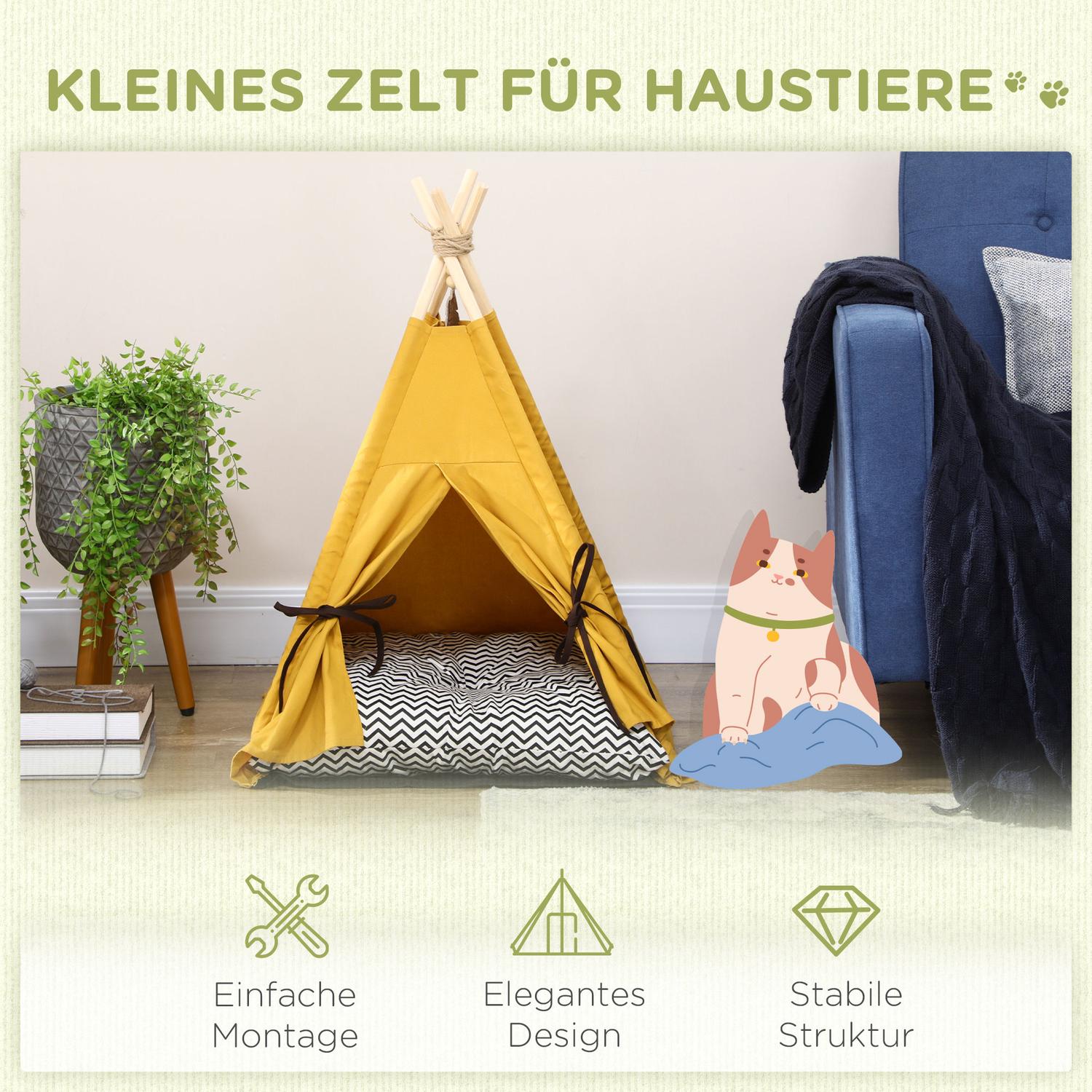 Inomhus katt & hund Tipi tältsäng, furu, gul kudde