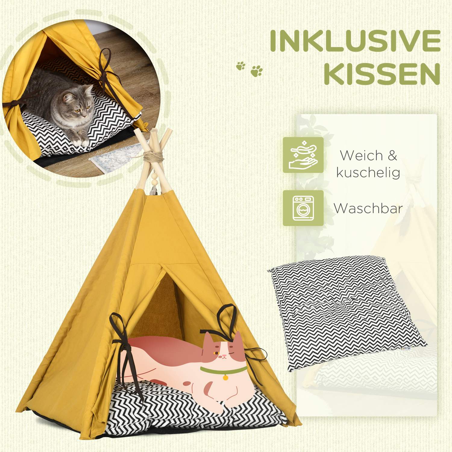 Inomhus katt & hund Tipi tältsäng, furu, gul kudde