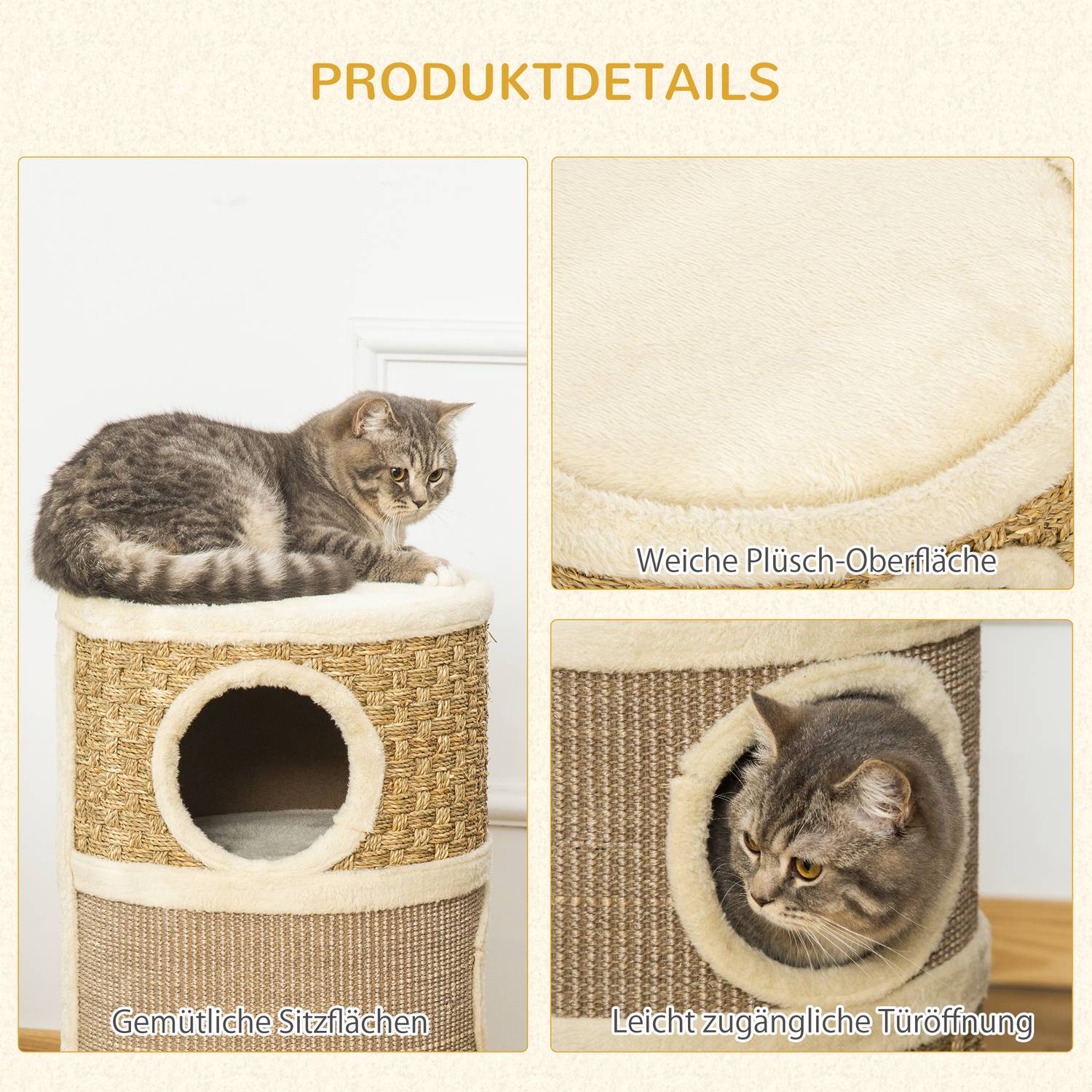 Cat Scratching Barrel, 3-Level Sisal Plysch, 37,5x70 cm