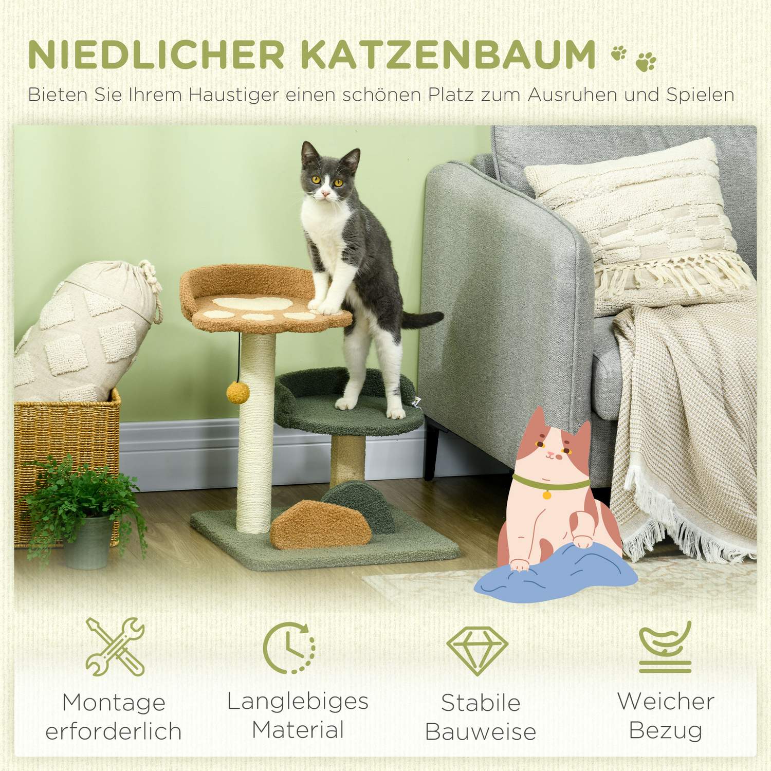 Cat Scratching Post 52 Cm, 2 Levels & Toy Ball Sisal
