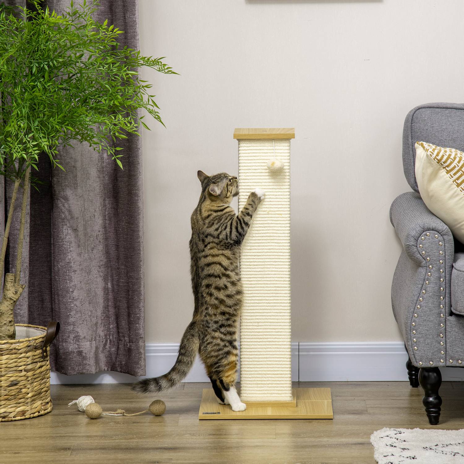 Cat Scratching Post 80cm – Sisal Rep, Play Ball, Ek/Cream