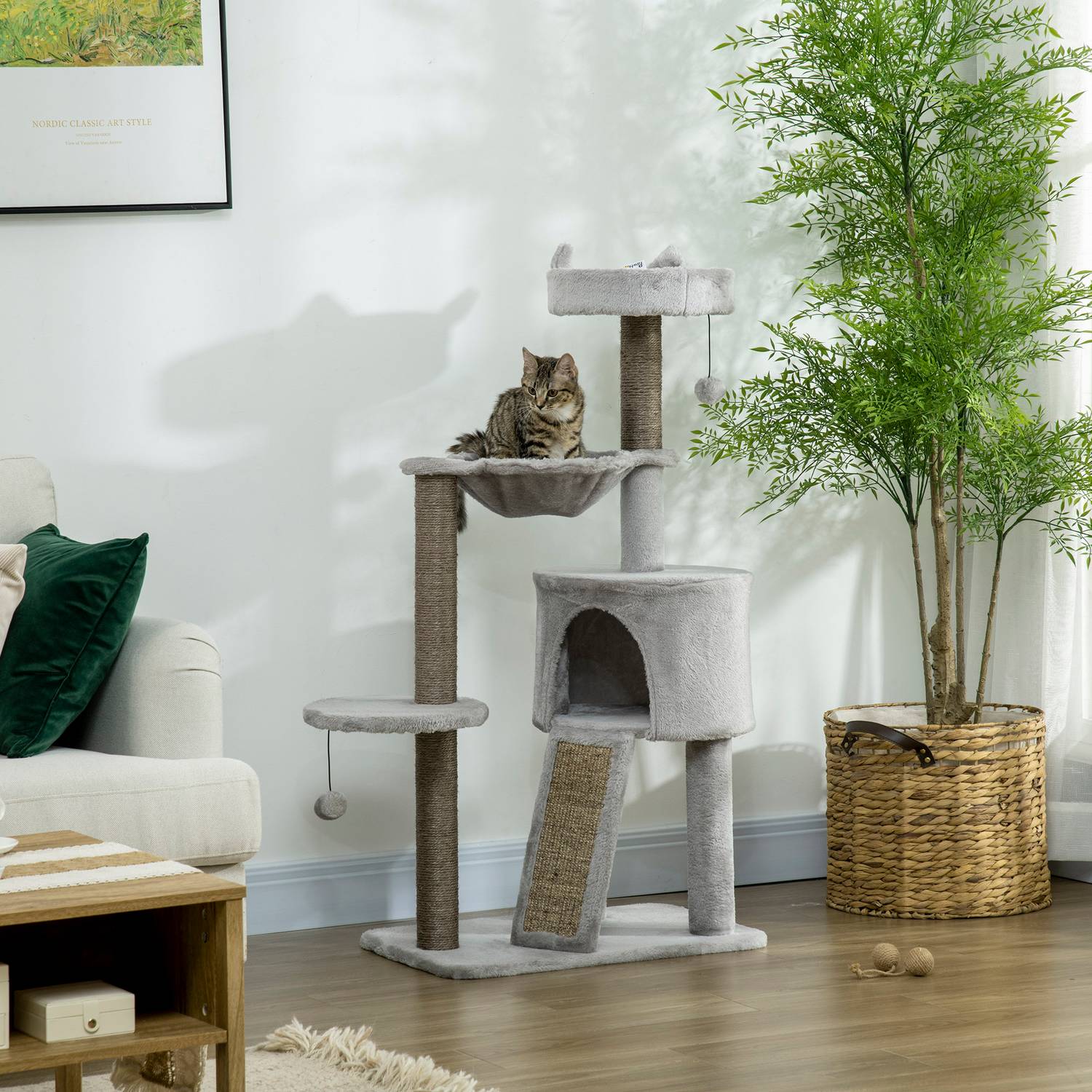 Kattskrapträd med grotta & sisal, 113 cm, ljusgrå