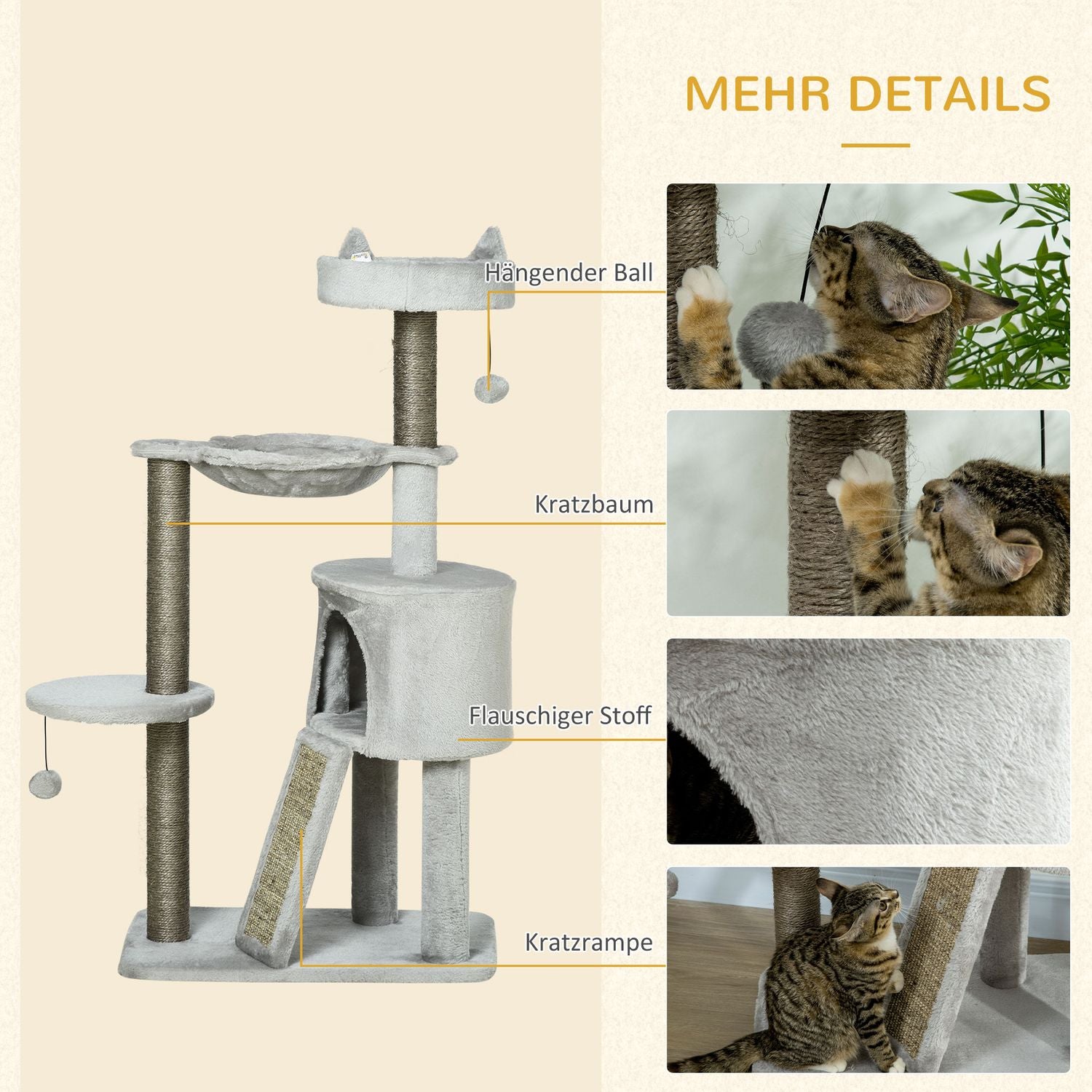 Kattskrapträd med grotta & sisal, 113 cm, ljusgrå