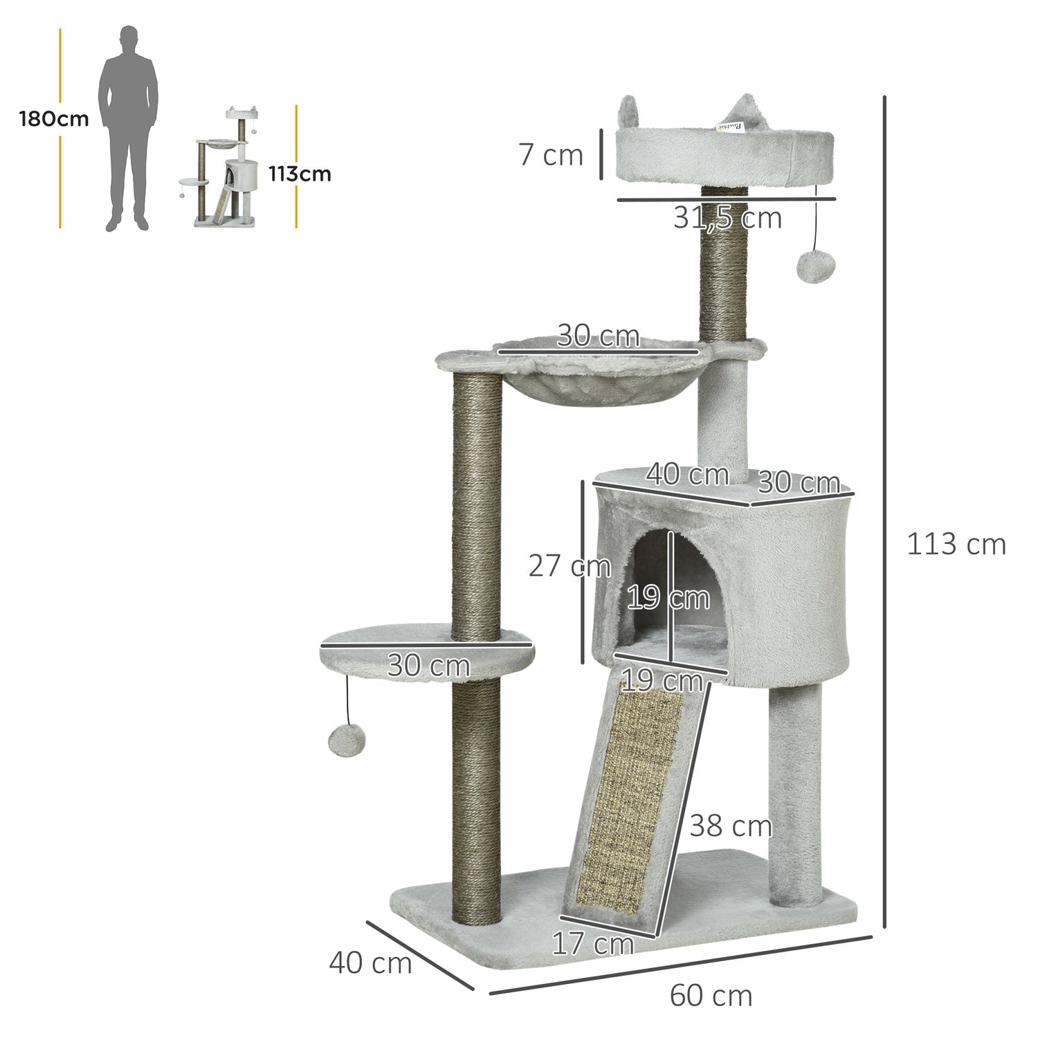 Kattskrapträd med grotta & sisal, 113 cm, ljusgrå