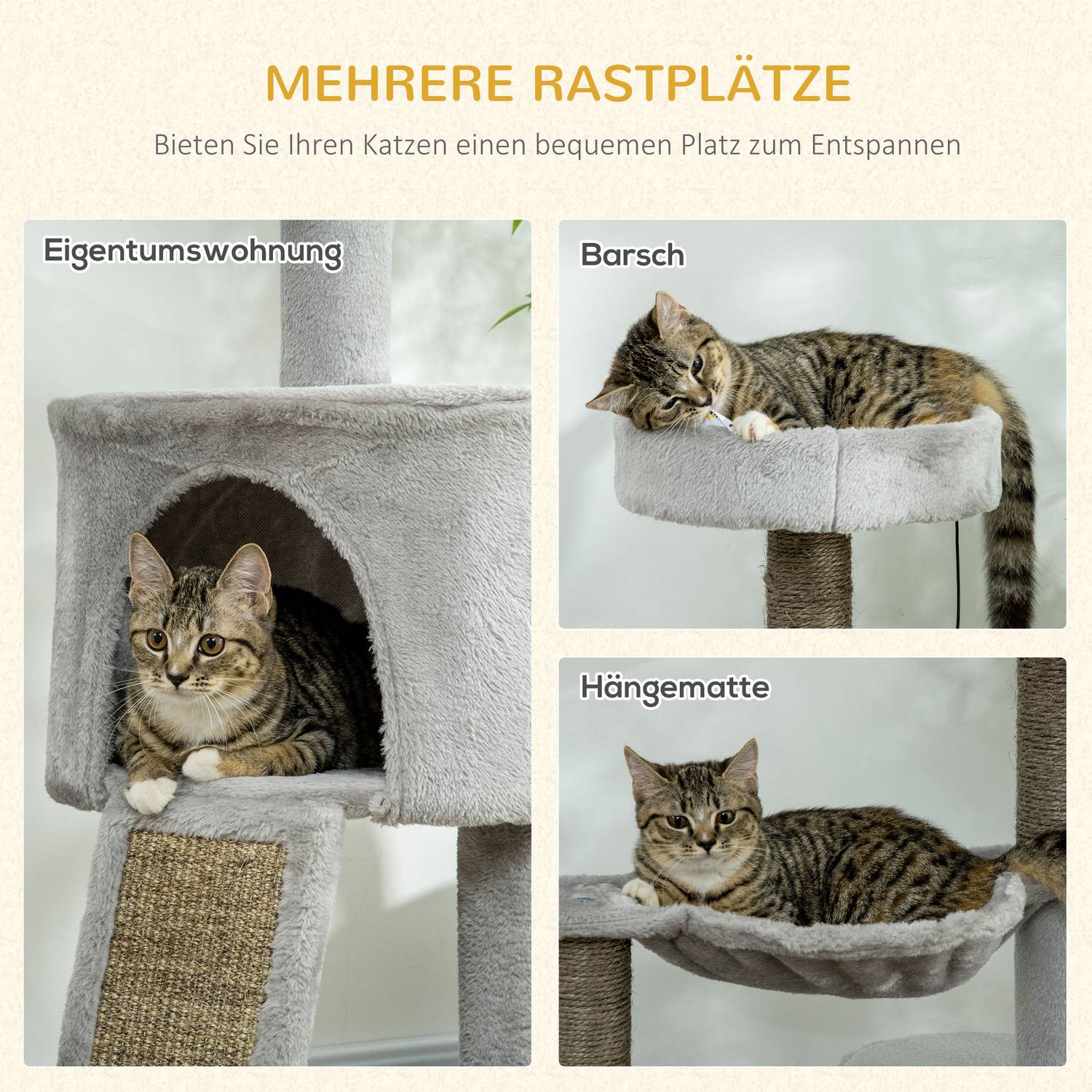 Kattskrapträd med grotta & sisal, 113 cm, ljusgrå