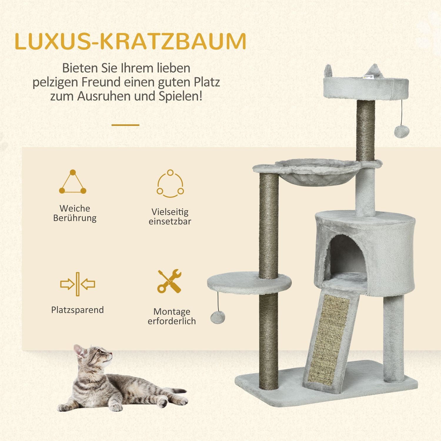 Kattskrapträd med grotta & sisal, 113 cm, ljusgrå