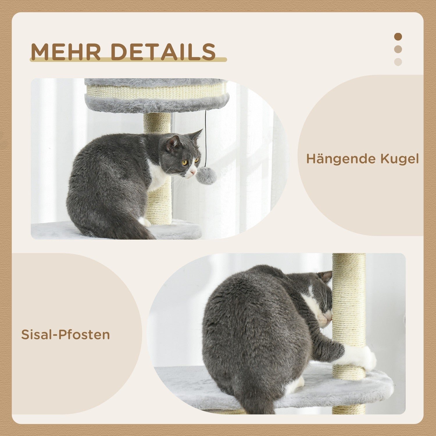 Cat Scratching Tower: 2 grottor, repstolpar, plysch, grå