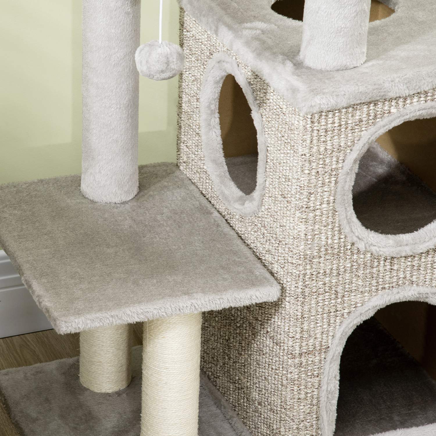 Cat Scratching Tower, ljusgrå – dubbla grottor och sisalstolpar, 91 cm