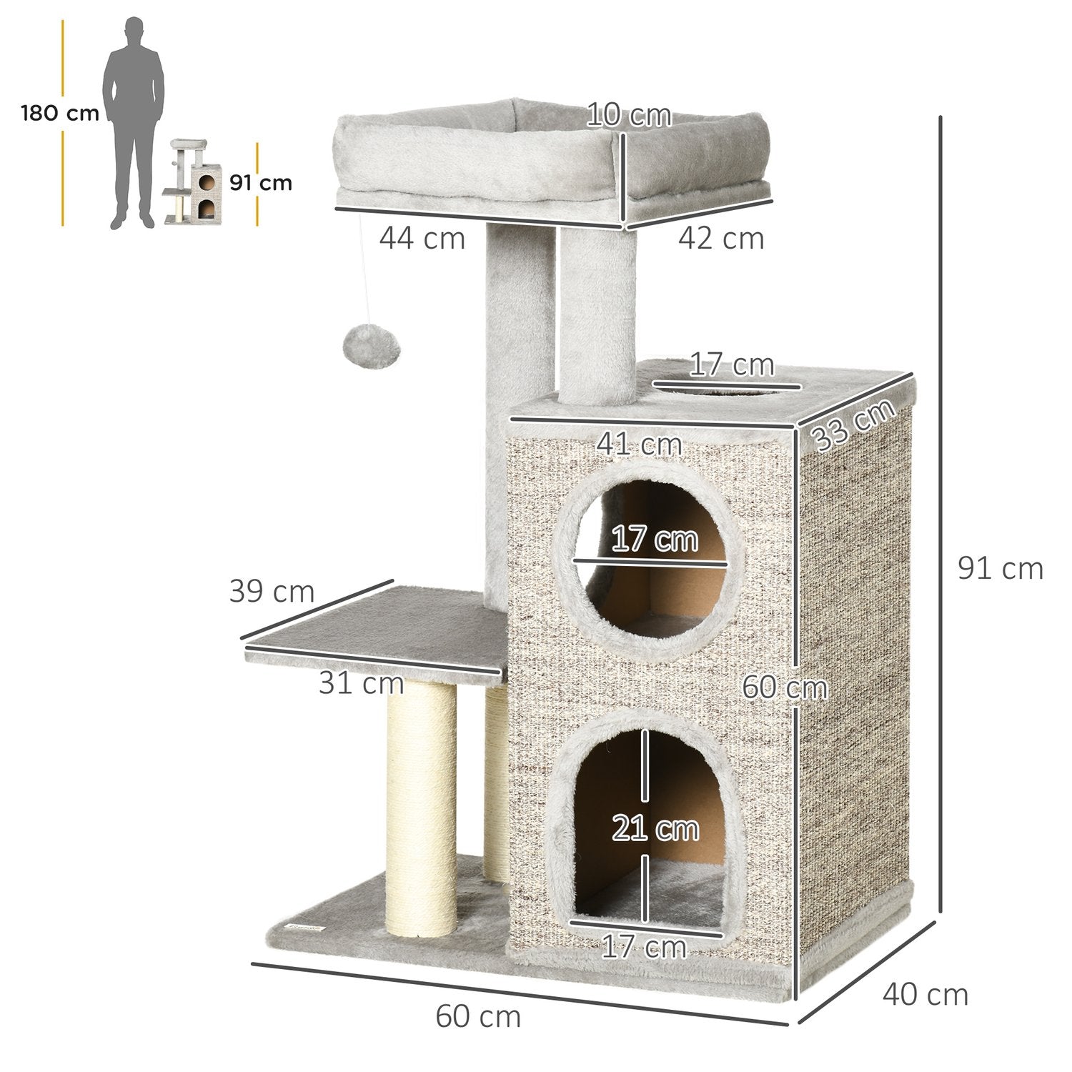 Cat Scratching Tower, ljusgrå – dubbla grottor och sisalstolpar, 91 cm