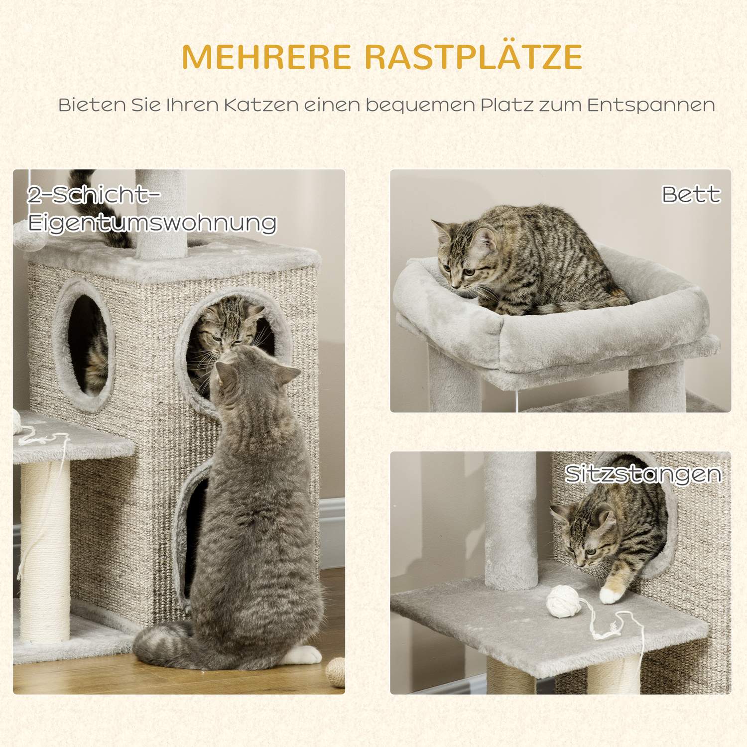 Cat Scratching Tower, ljusgrå – dubbla grottor och sisalstolpar, 91 cm