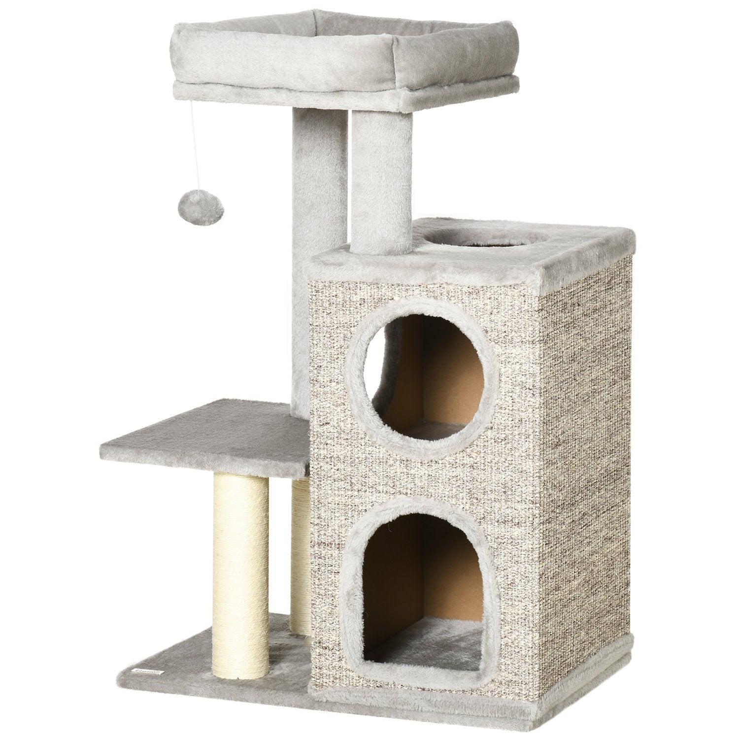 Cat Scratching Tower, ljusgrå – dubbla grottor och sisalstolpar, 91 cm