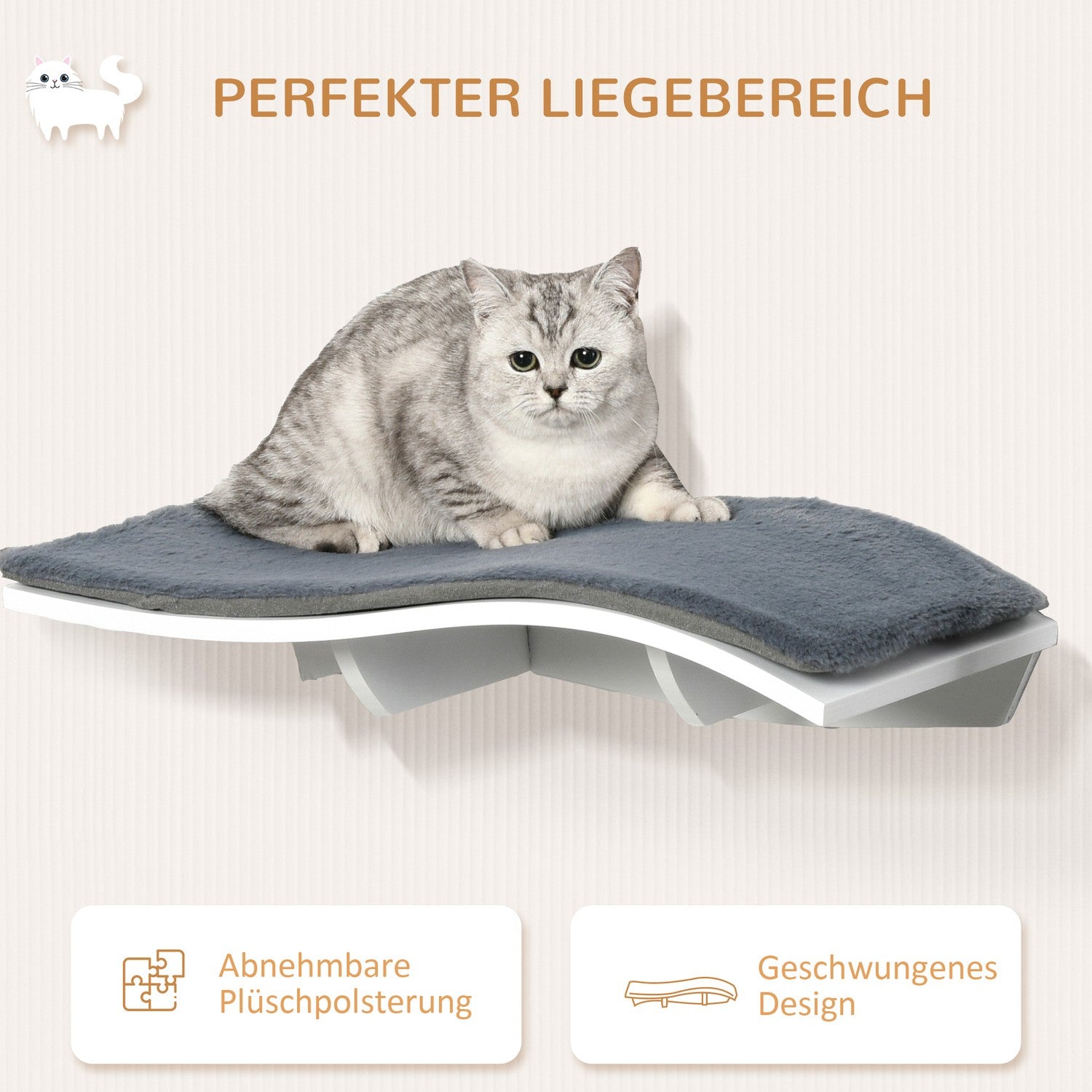 Vägghängd kattsäng med plyschkudde, vit/grå