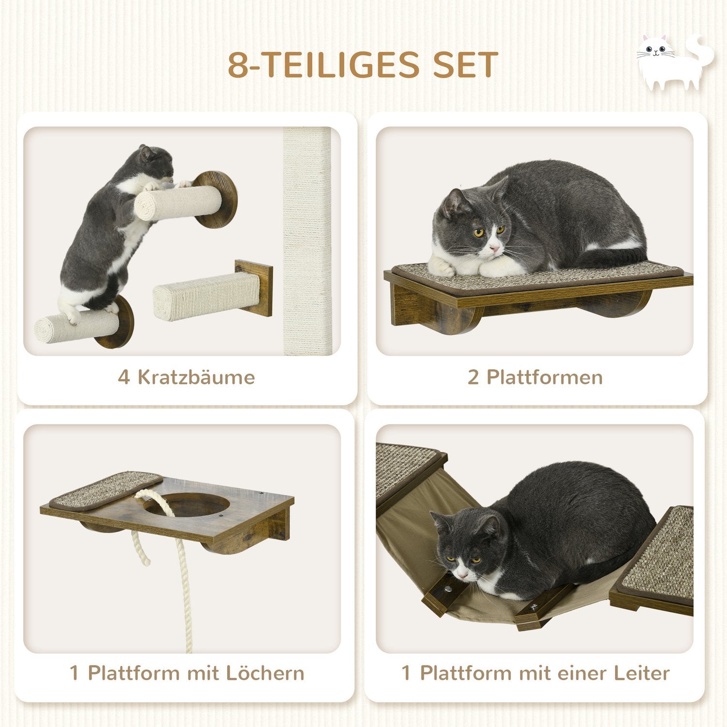 Cat Väggklättringsset, 8-delad möbel med Sisal Scratcher