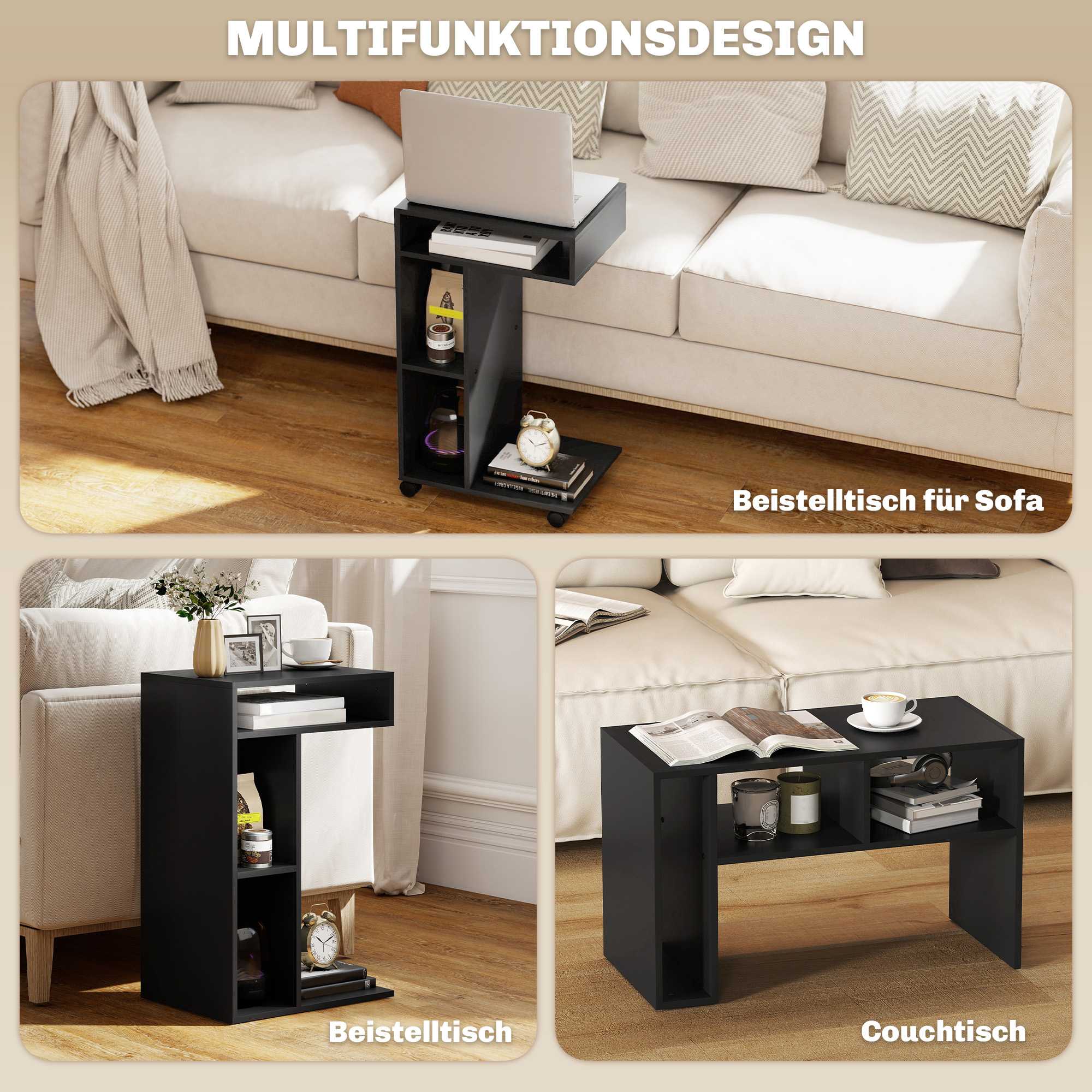 C-format sidobord med hjul, 3 hyllor, 40x30x69 cm, svart
