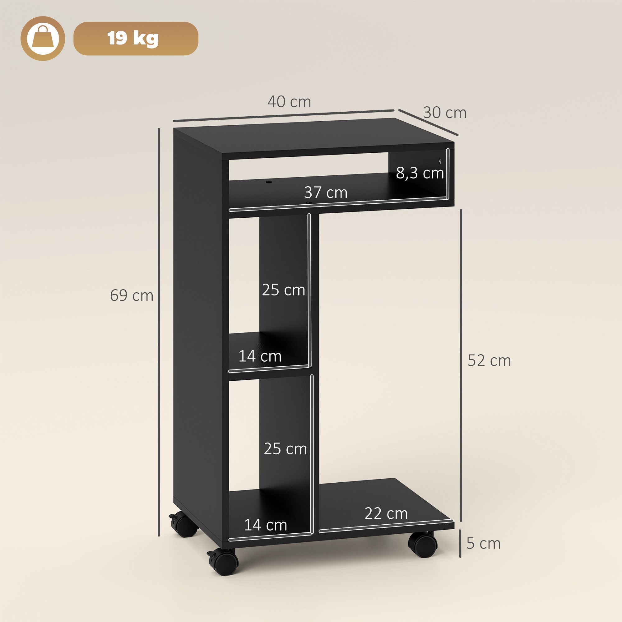 C-format sidobord med hjul, 3 hyllor, 40x30x69 cm, svart