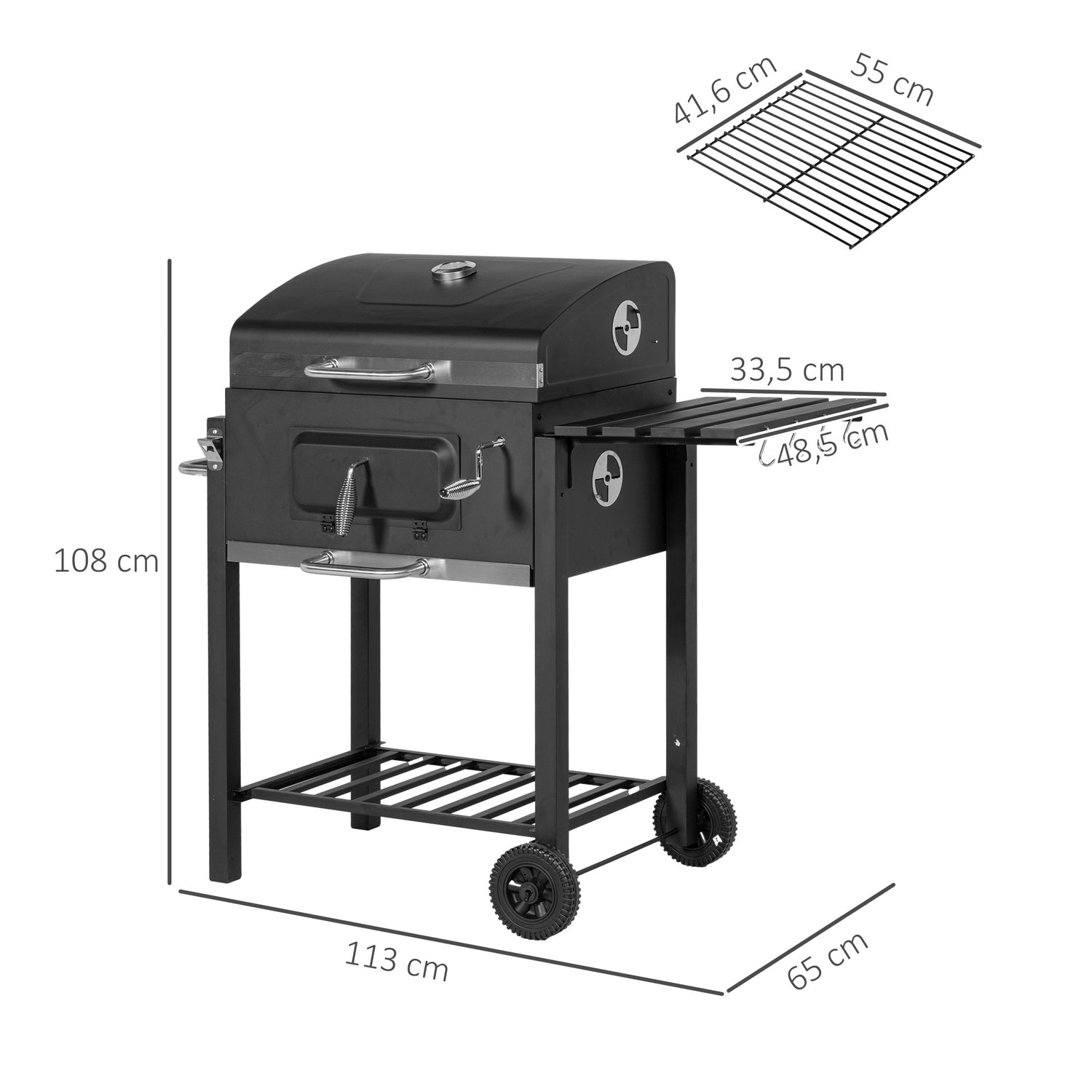 Charcoal BBQ Grillvagn, svart rostfritt stål, 113x65x108 cm