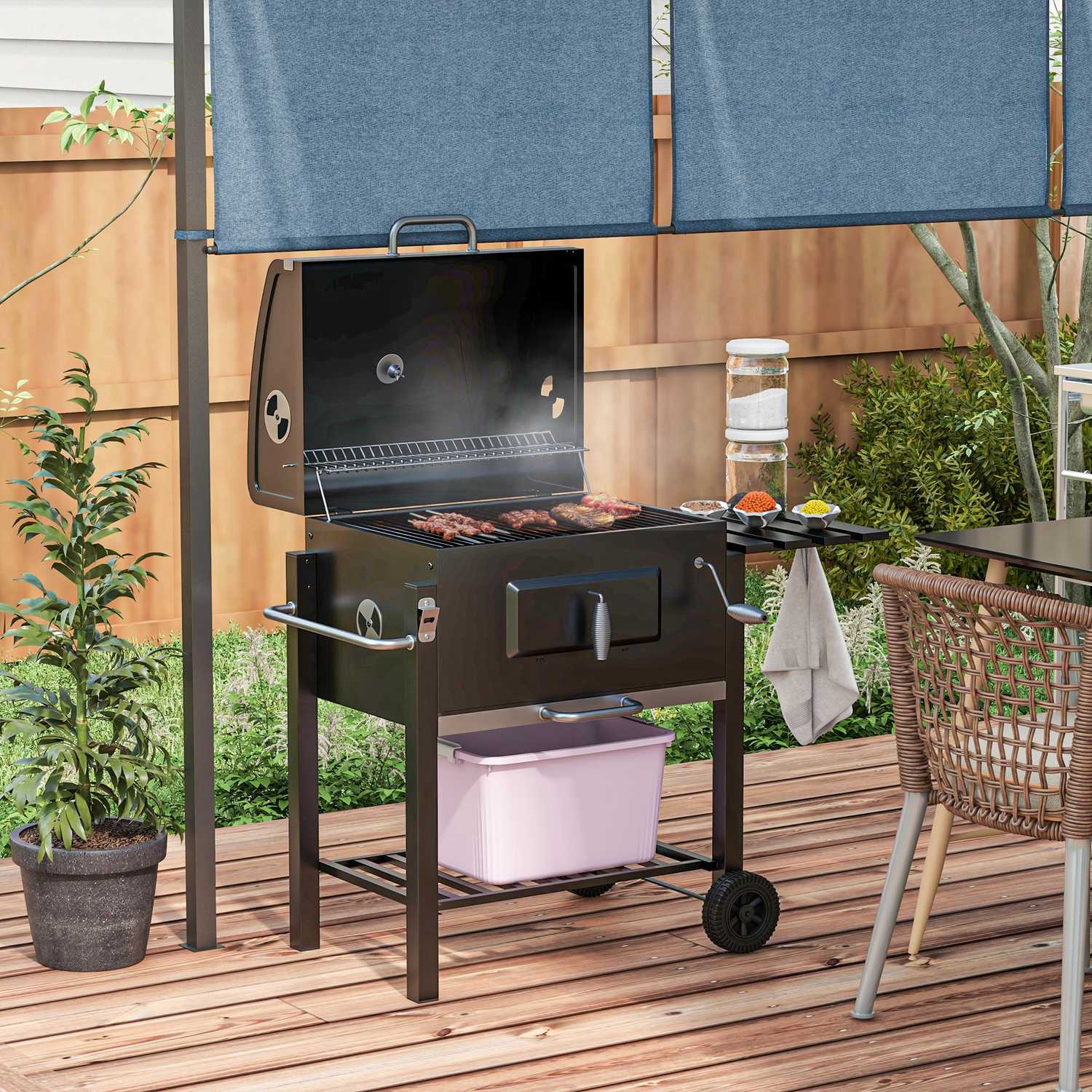 Charcoal BBQ Grillvagn, svart rostfritt stål, 113x65x108 cm