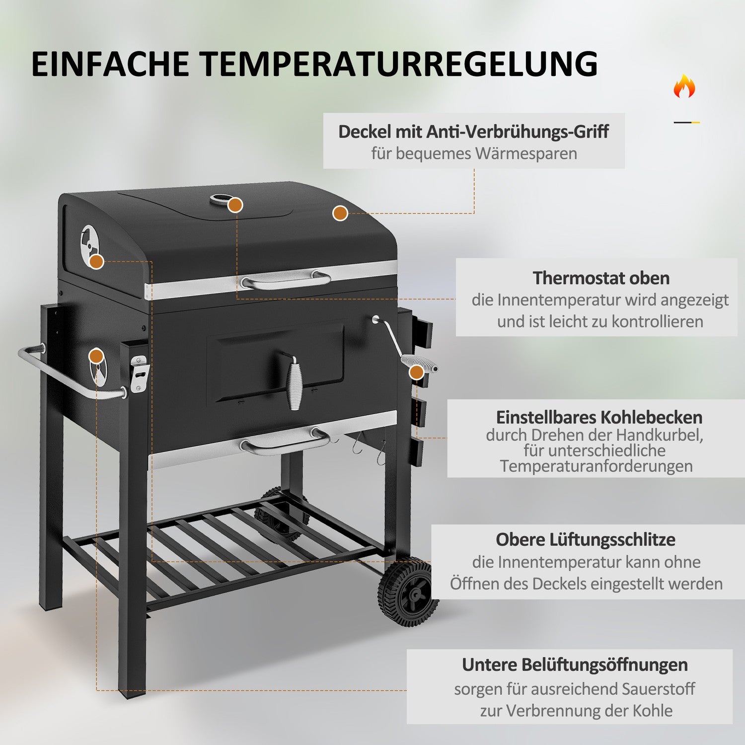 Charcoal BBQ Grillvagn, svart rostfritt stål, 113x65x108 cm