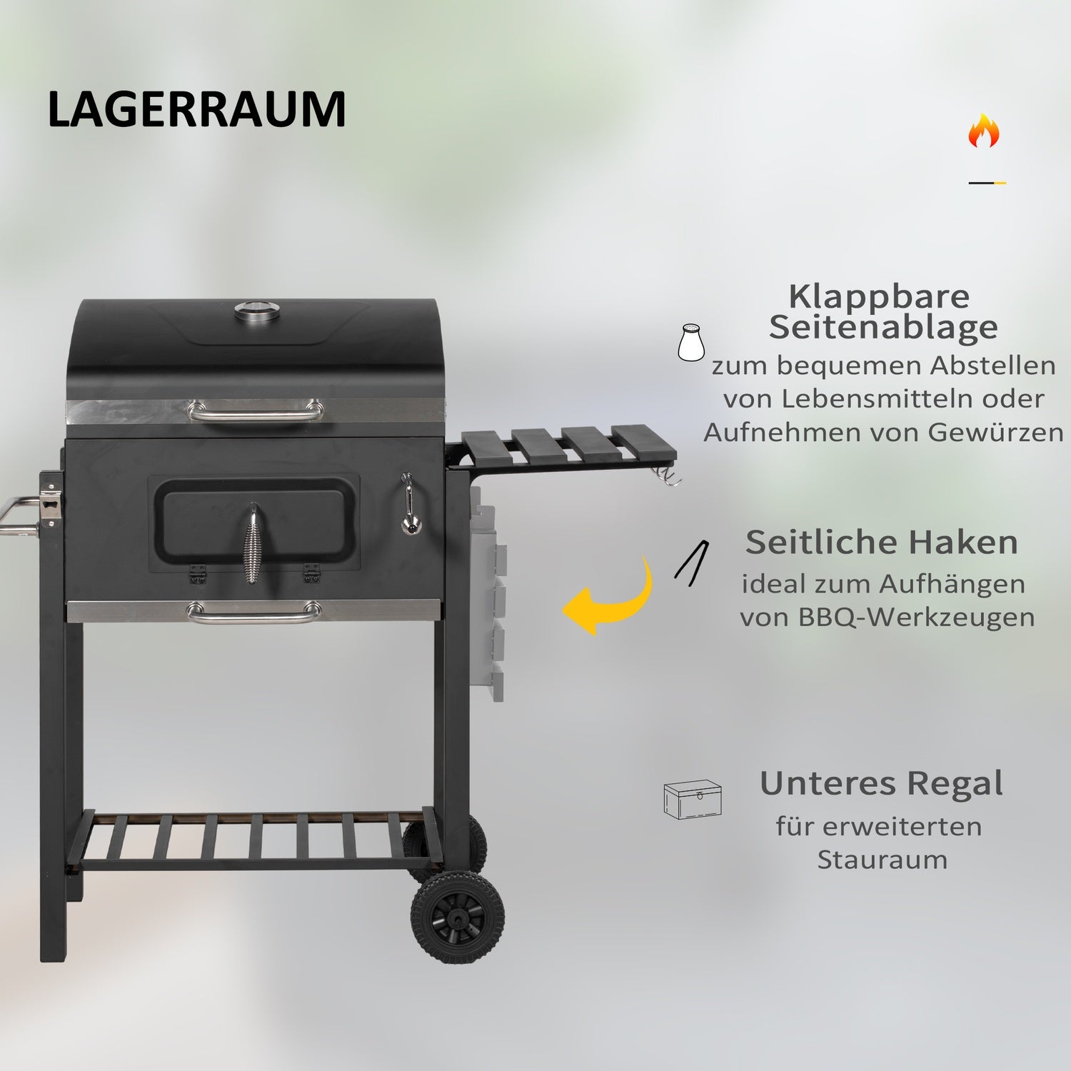 Charcoal BBQ Grillvagn, svart rostfritt stål, 113x65x108 cm