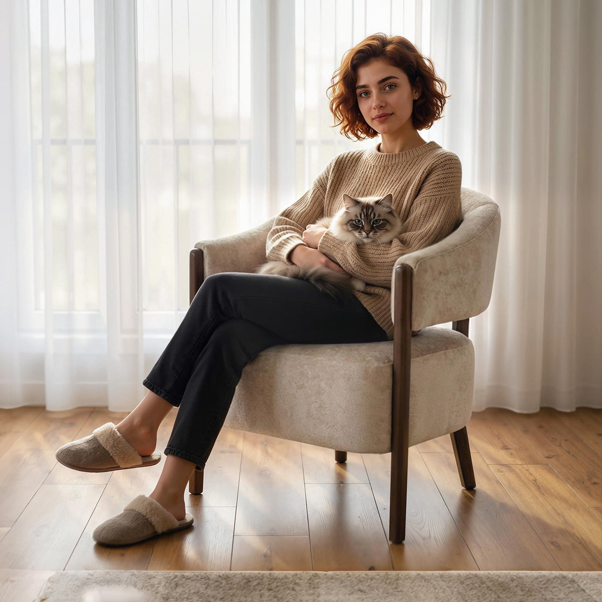 Chenillefåtölj med massiv träram, beige
