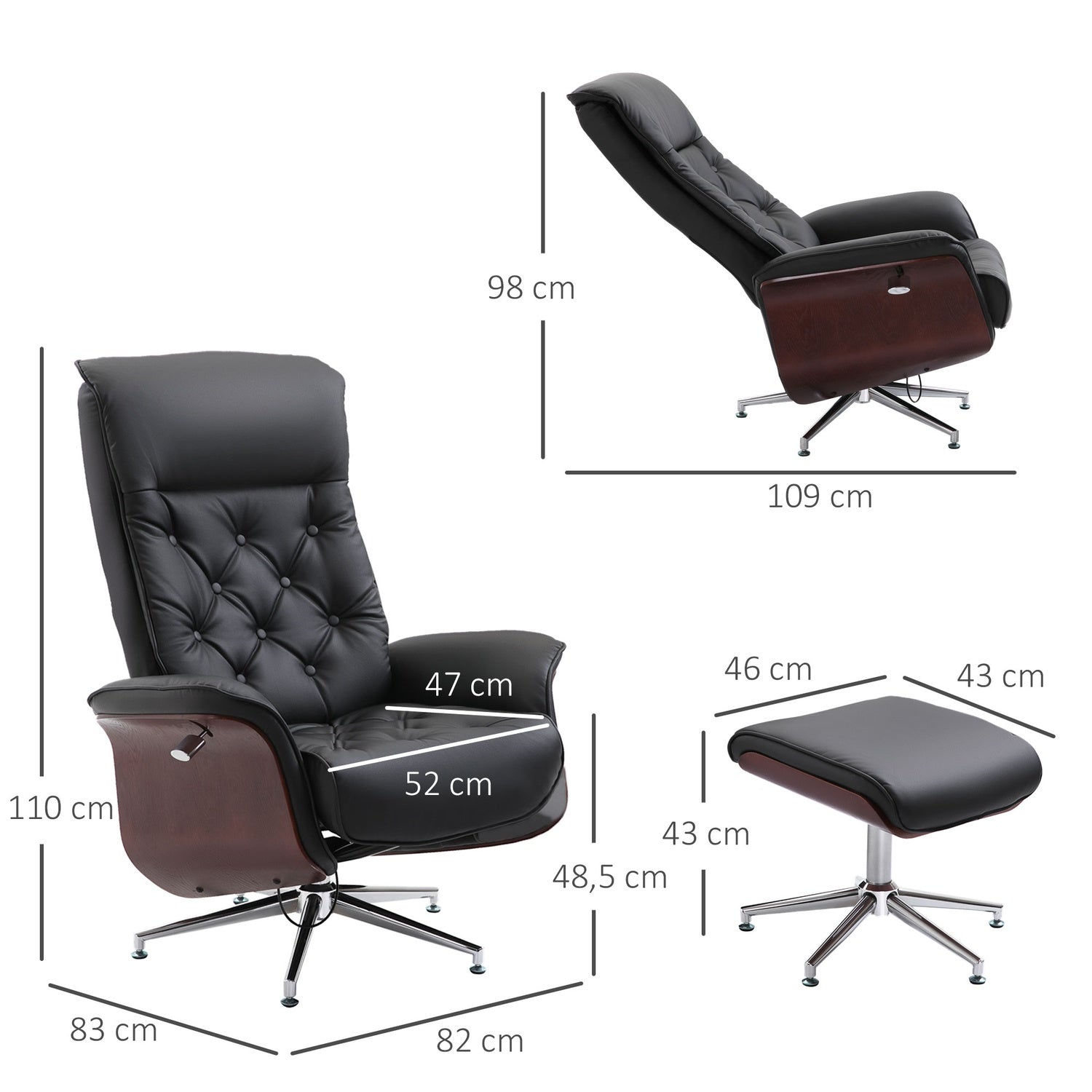 Chesterfield avkopplingsstol och pall, 360° vridbar, PU-läder