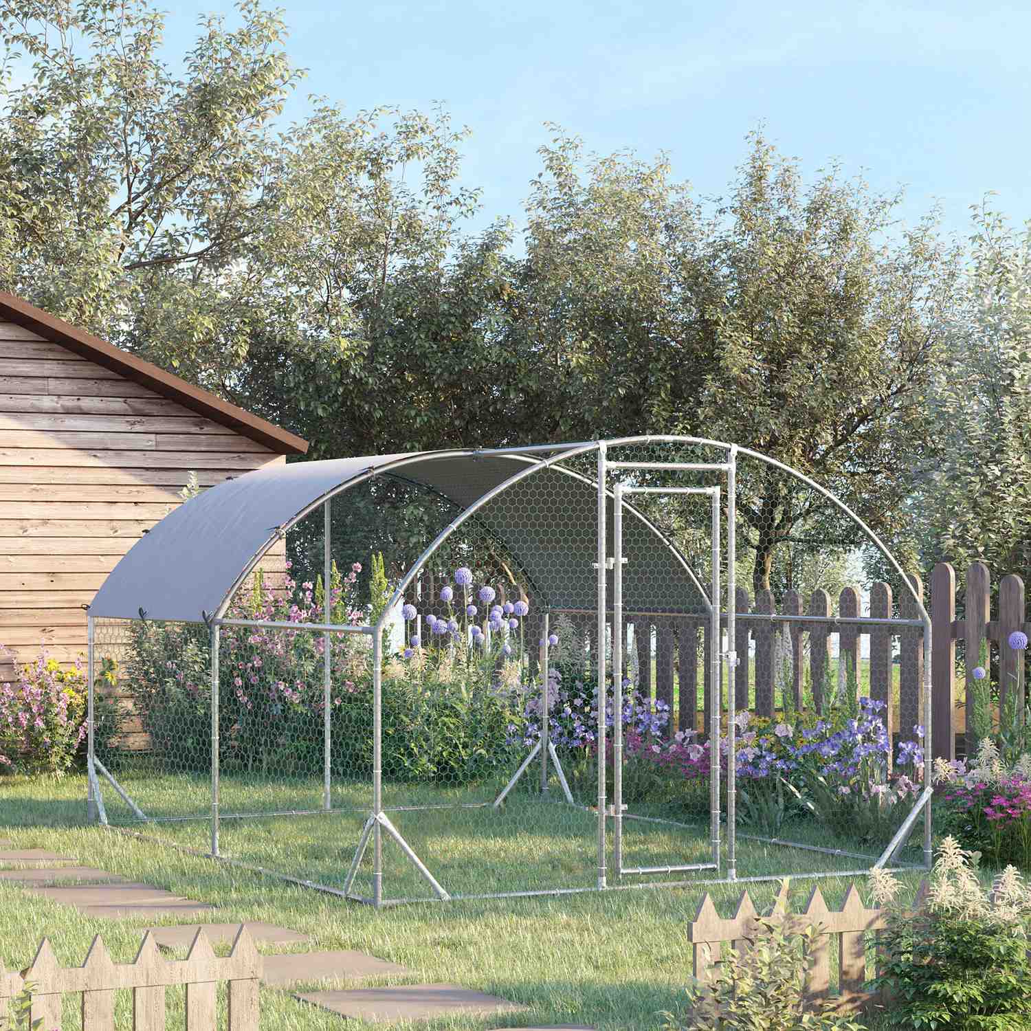 Utomhushönshus i stål med UV-skydd, dörr – Passar 6-12 kycklingar