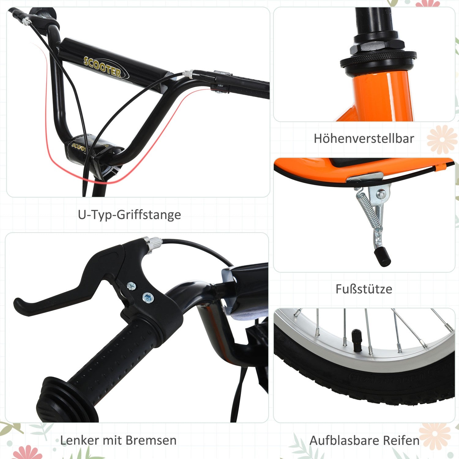Cityscooter för barn, luftdäck, orange, 16/12 tum