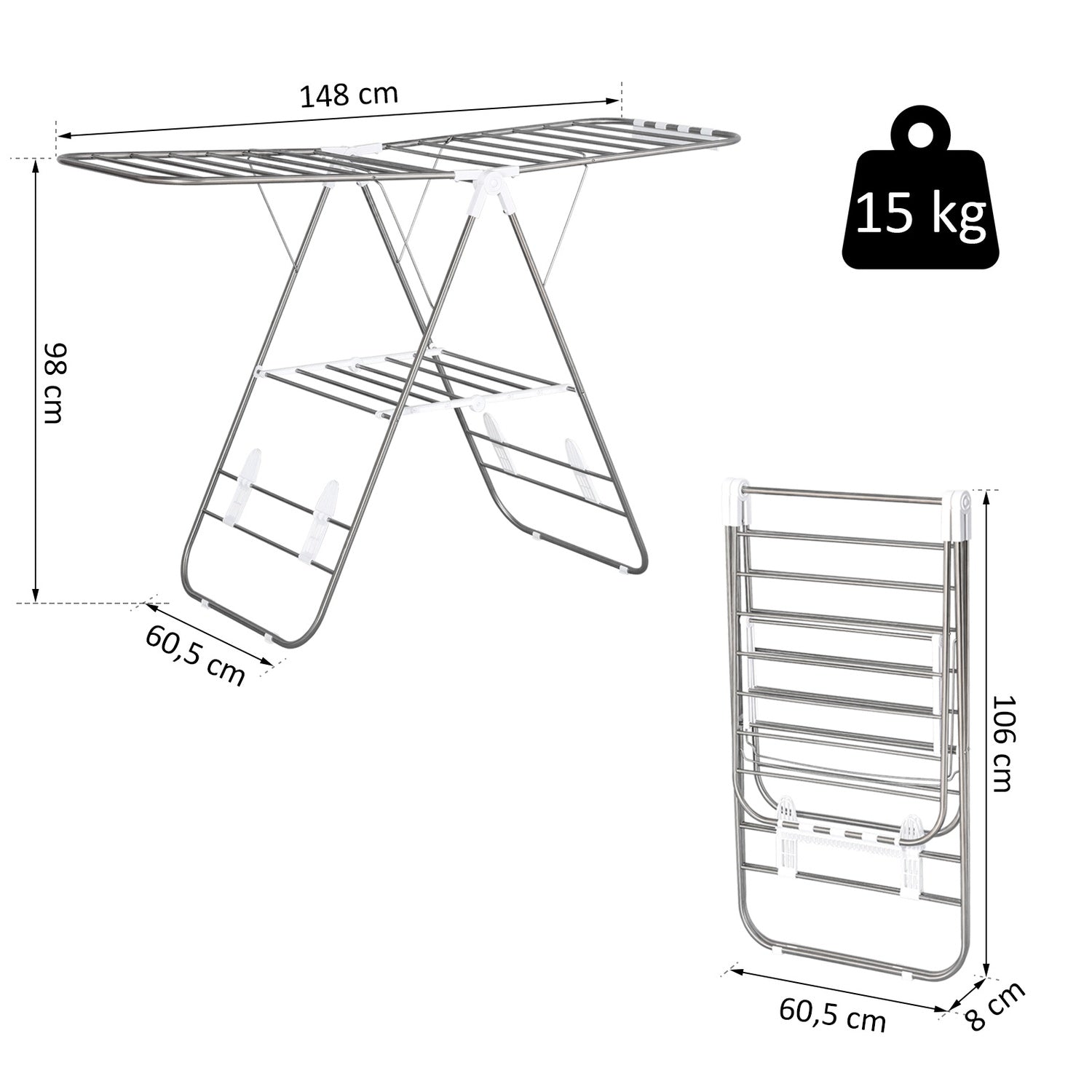 Vikbar klädluftare med teleskopstavar, silver/vit