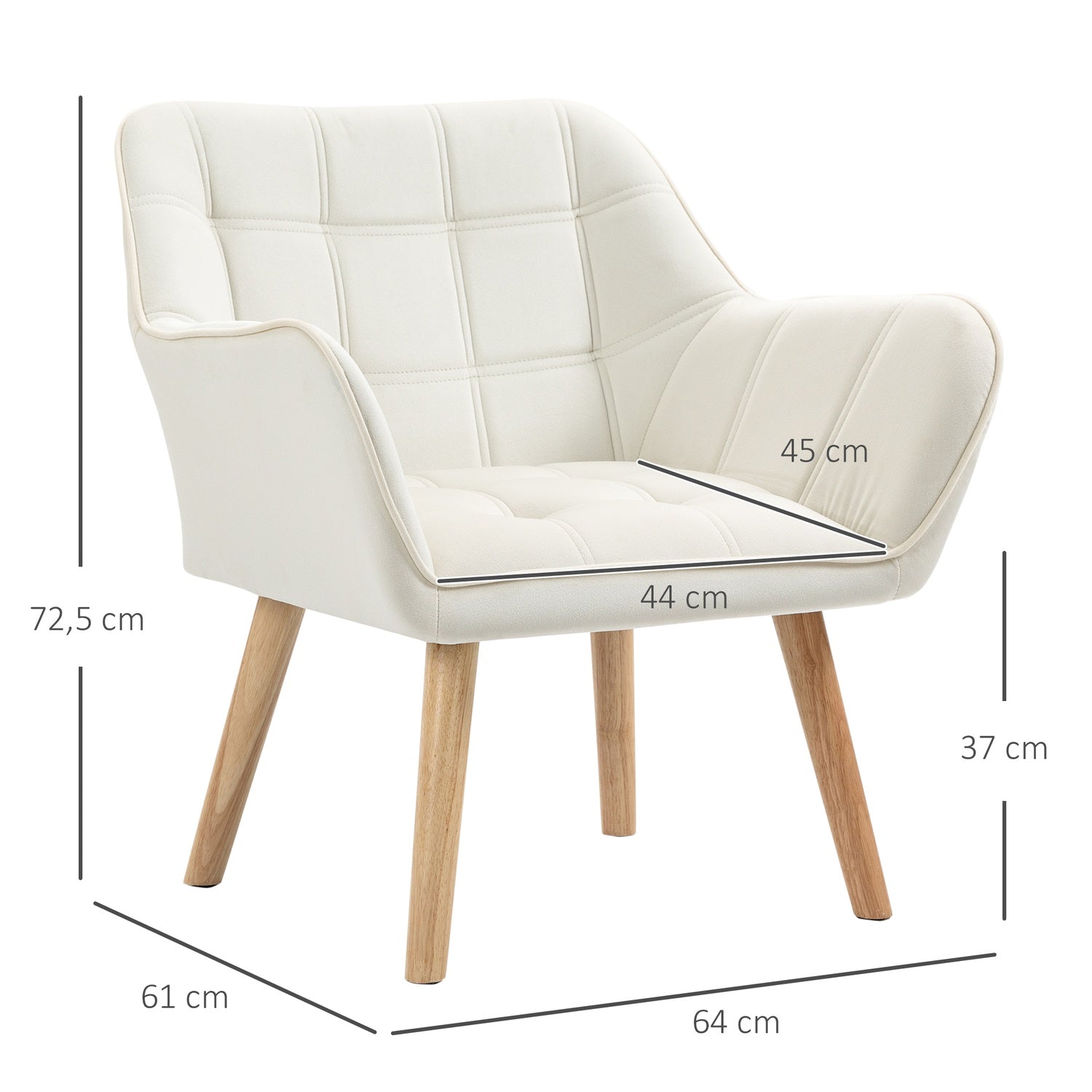 Cream Velvet-Look Fåtölj, upphöjda ben, 64x62x72,5 cm