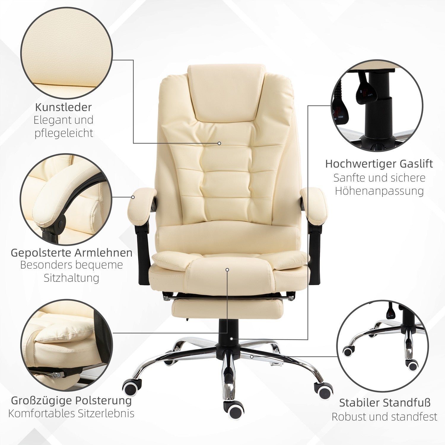 Cream konstläder Ergonomisk kontorsstol med fotstöd
