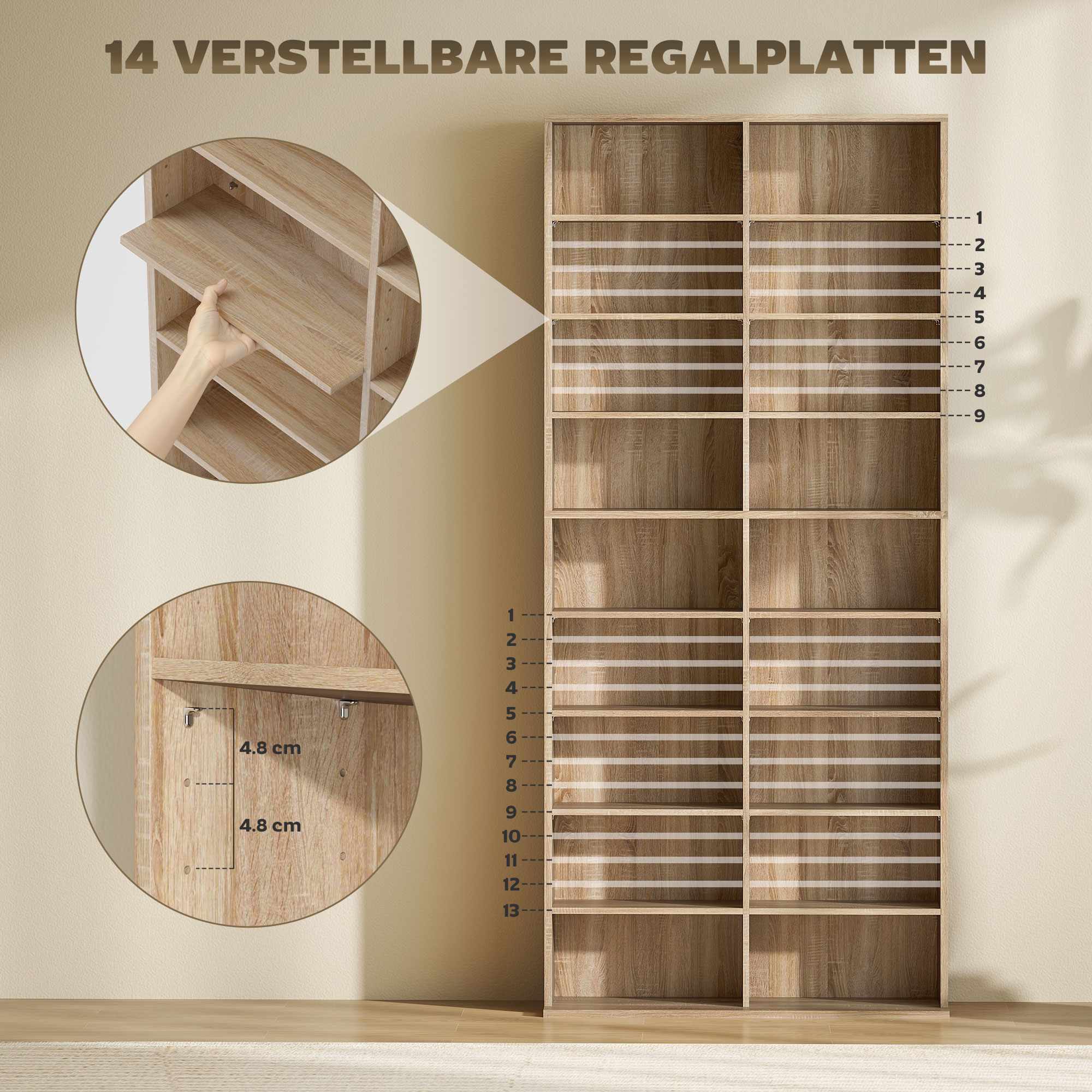 DVD-hylla med 9 våningar, 18 fack, justerbara hyllor