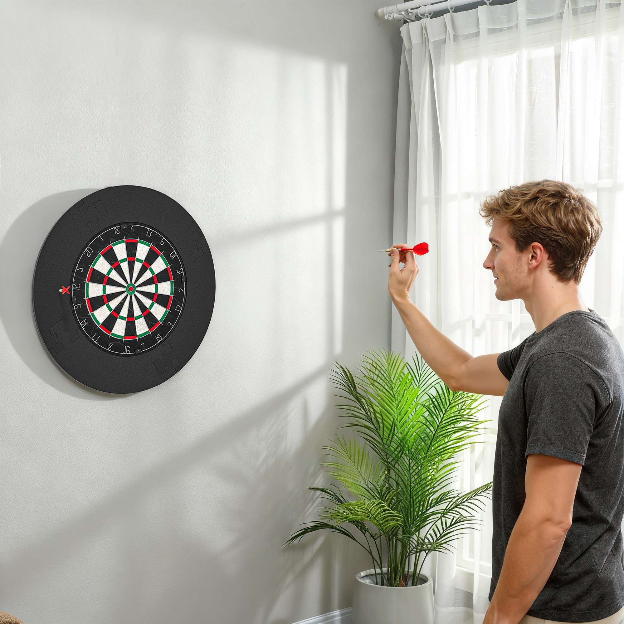 Darttavleset med sisalbräda, säkerhetsring, 6 stålpilar