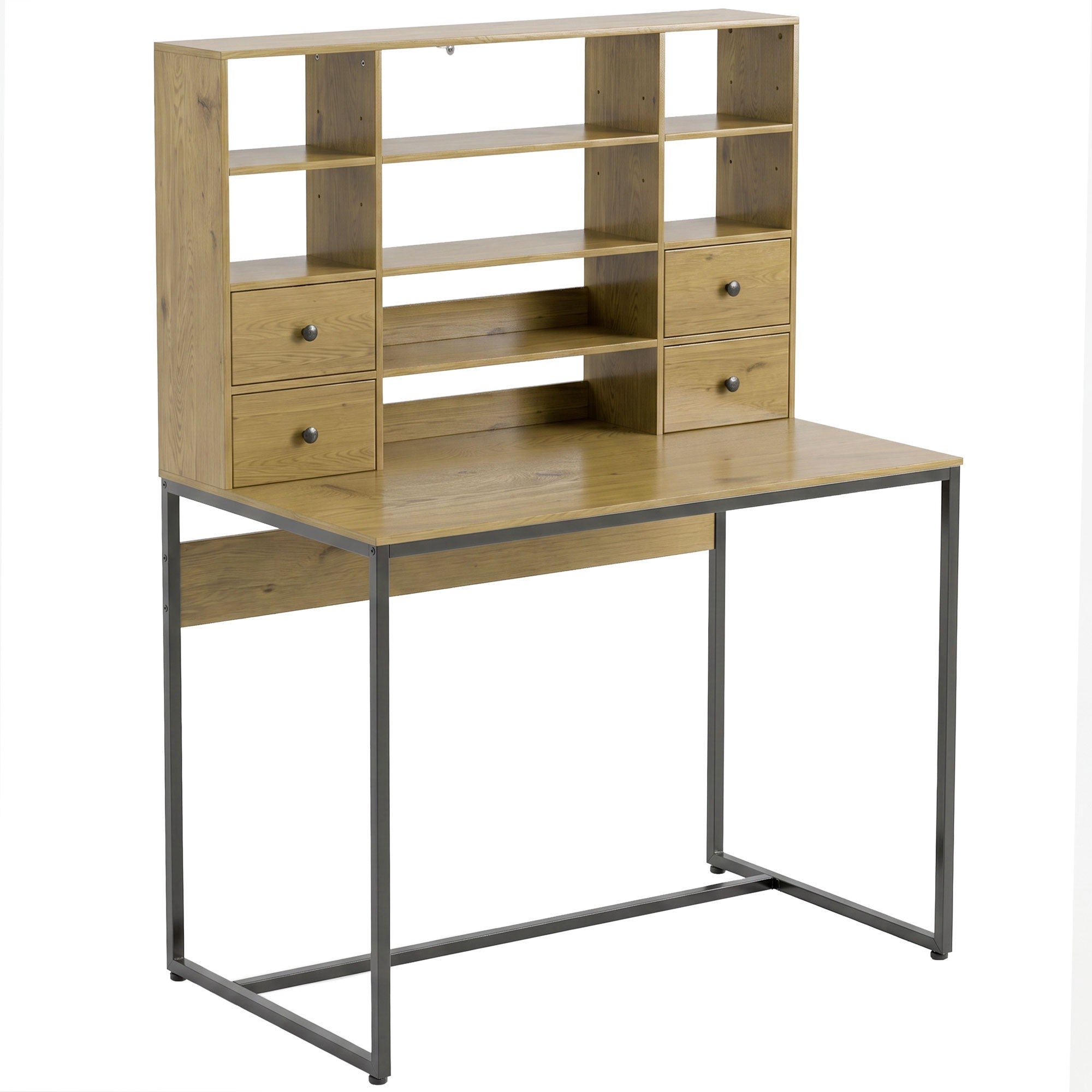 Datorskrivbord 105 cm med 4 lådor och hyllor, naturfärgad