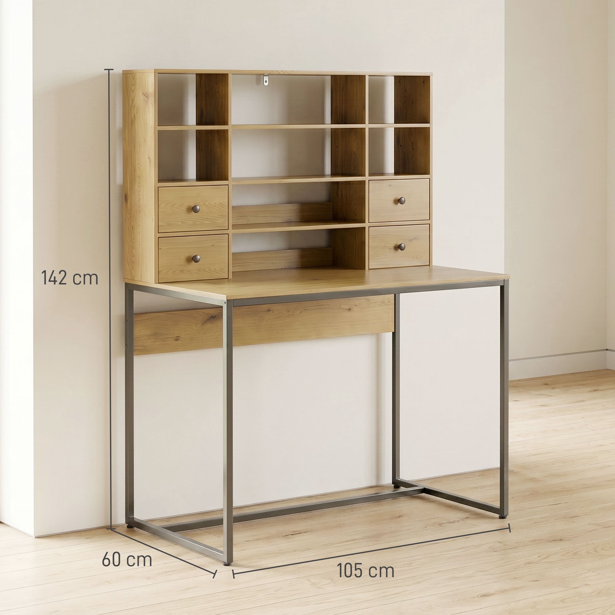 Datorskrivbord 105 cm med 4 lådor och hyllor, naturfärgad