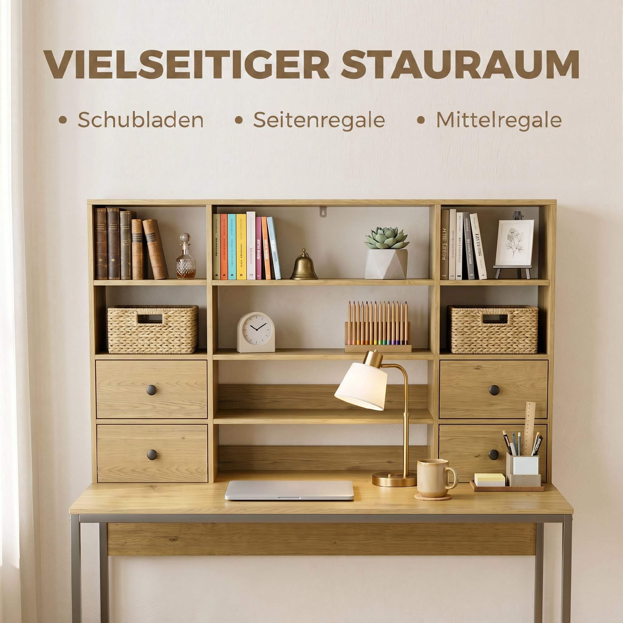 Datorskrivbord 105 cm med 4 lådor och hyllor, naturfärgad