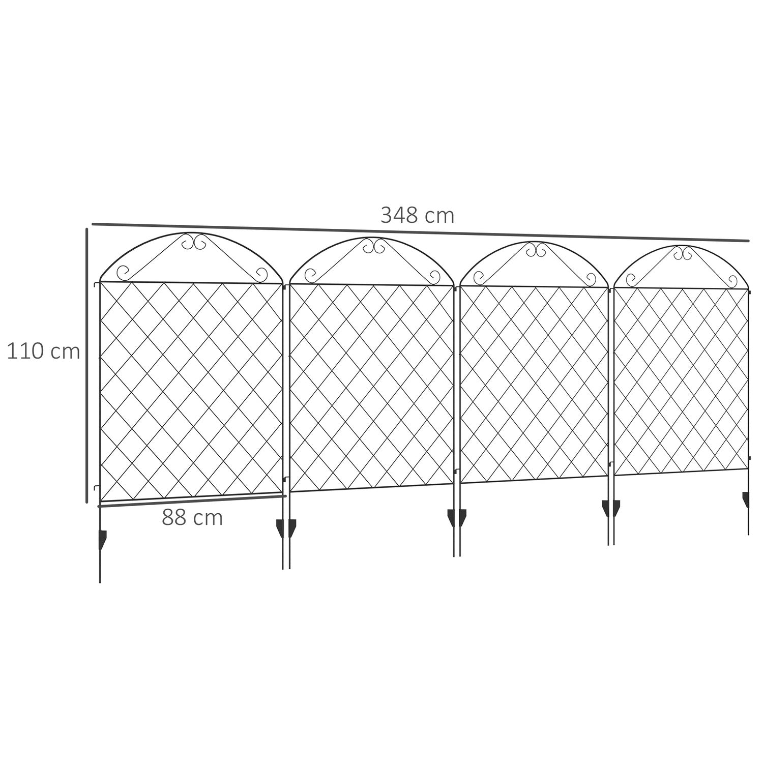 Dekorativt trädgårdsstaket i svart trådnät, set om 4, 3,48 x 1,1 M