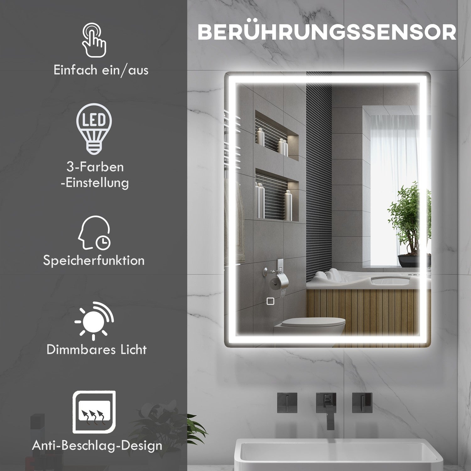 Dimbar 80x60cm badrumsspegel, imfri med minne