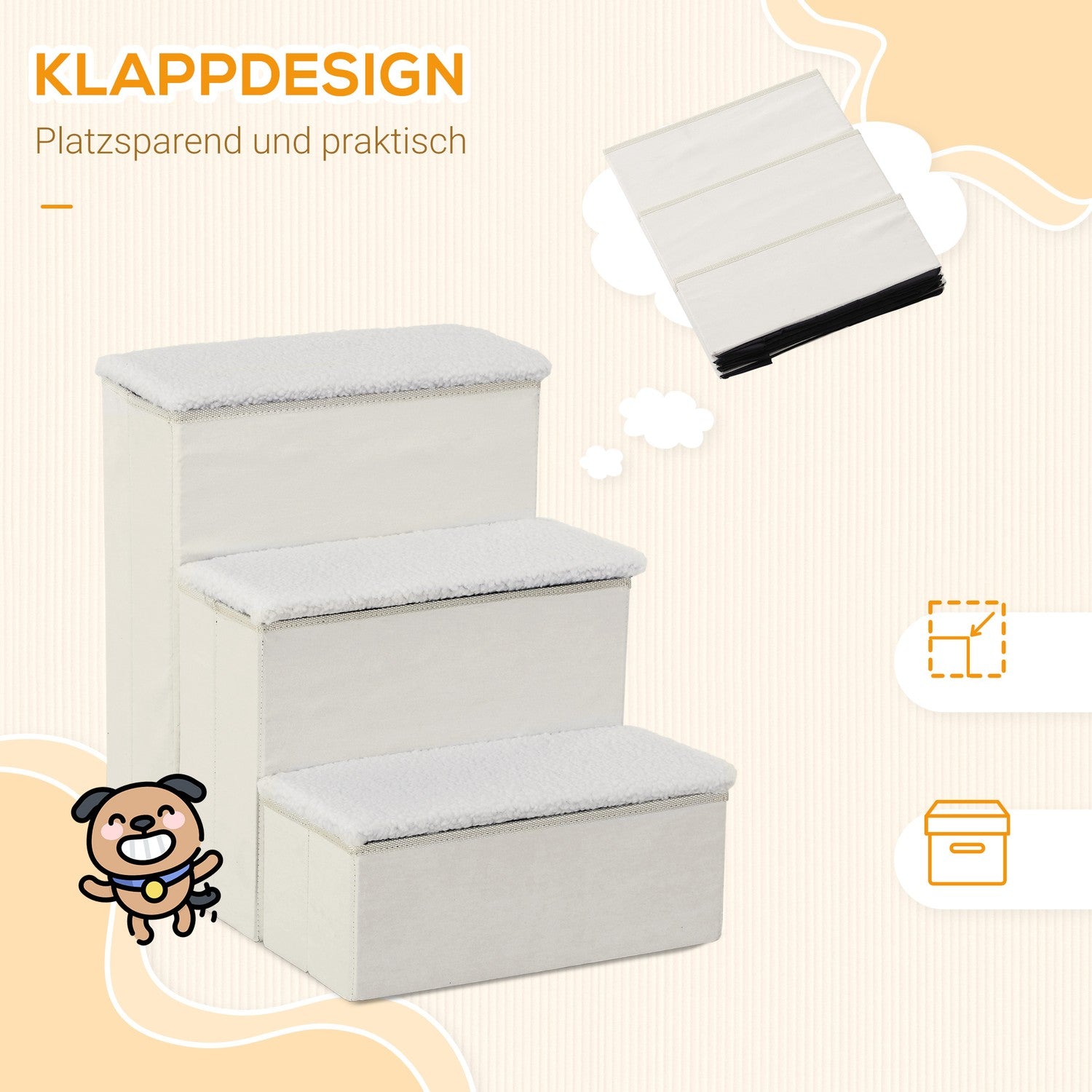 Vikbar husdjurstrappa med förvaring, 3 steg, MDF, vit