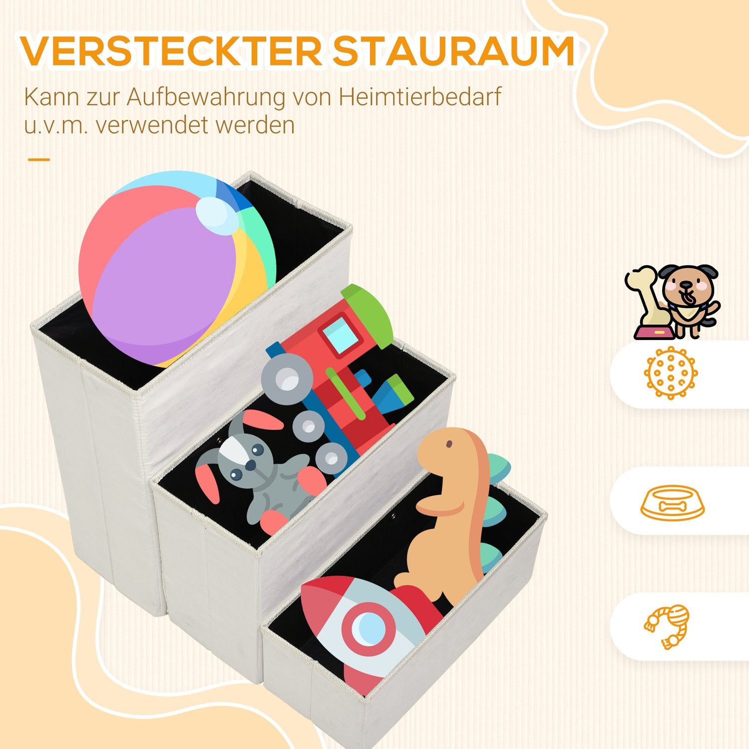 Vikbar husdjurstrappa med förvaring, 3 steg, MDF, vit